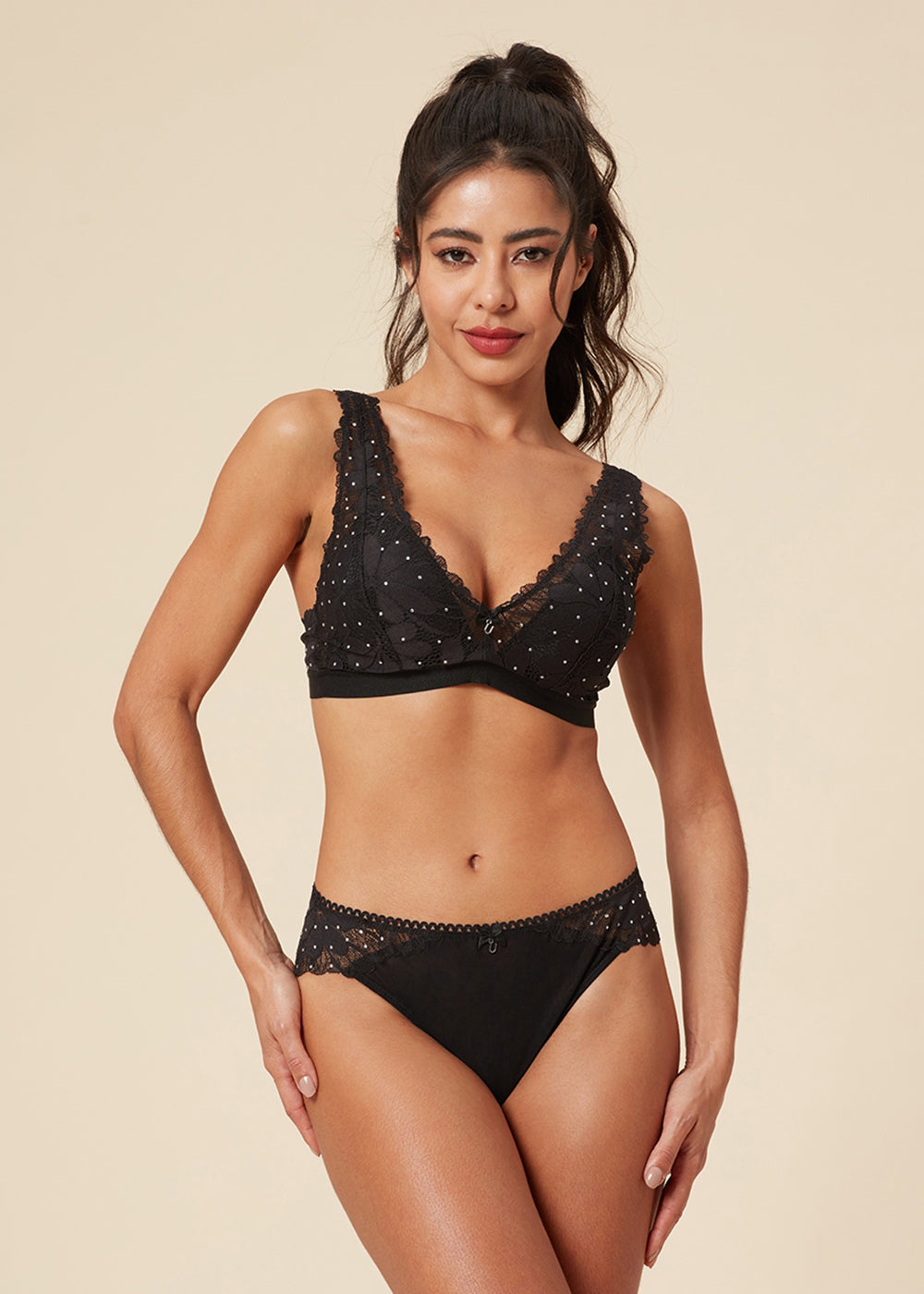 STELLA Sexy Lace Wireless Plunge Bra with Rhinestones