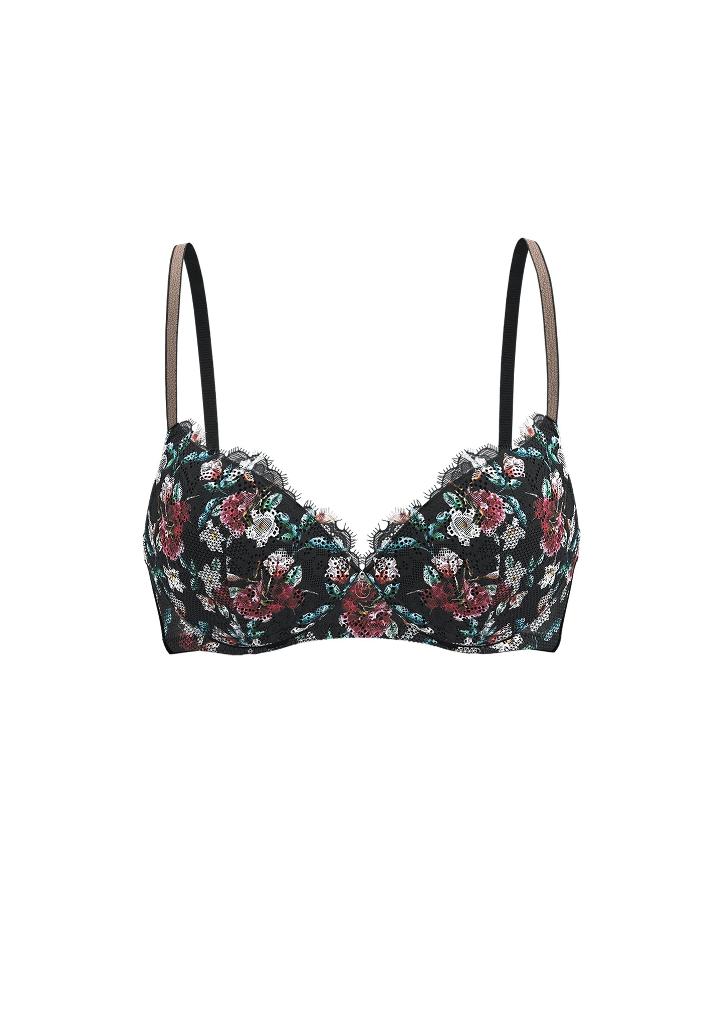 TOVE Black Lace Wired Demi Bra With Vibrant Flowers