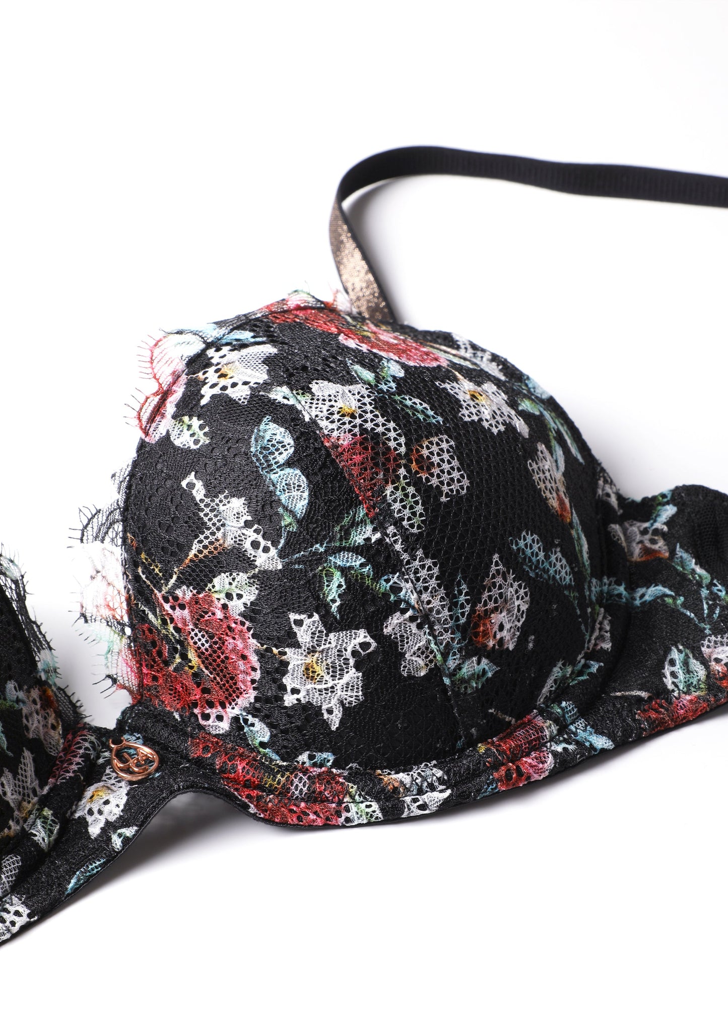 TOVE Black Lace Wired Demi Bra With Vibrant Flowers