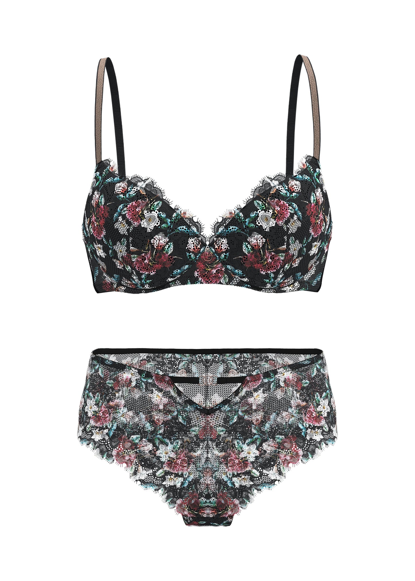 TOVE Floral Print Black Lace Bra & Plus Panty Set