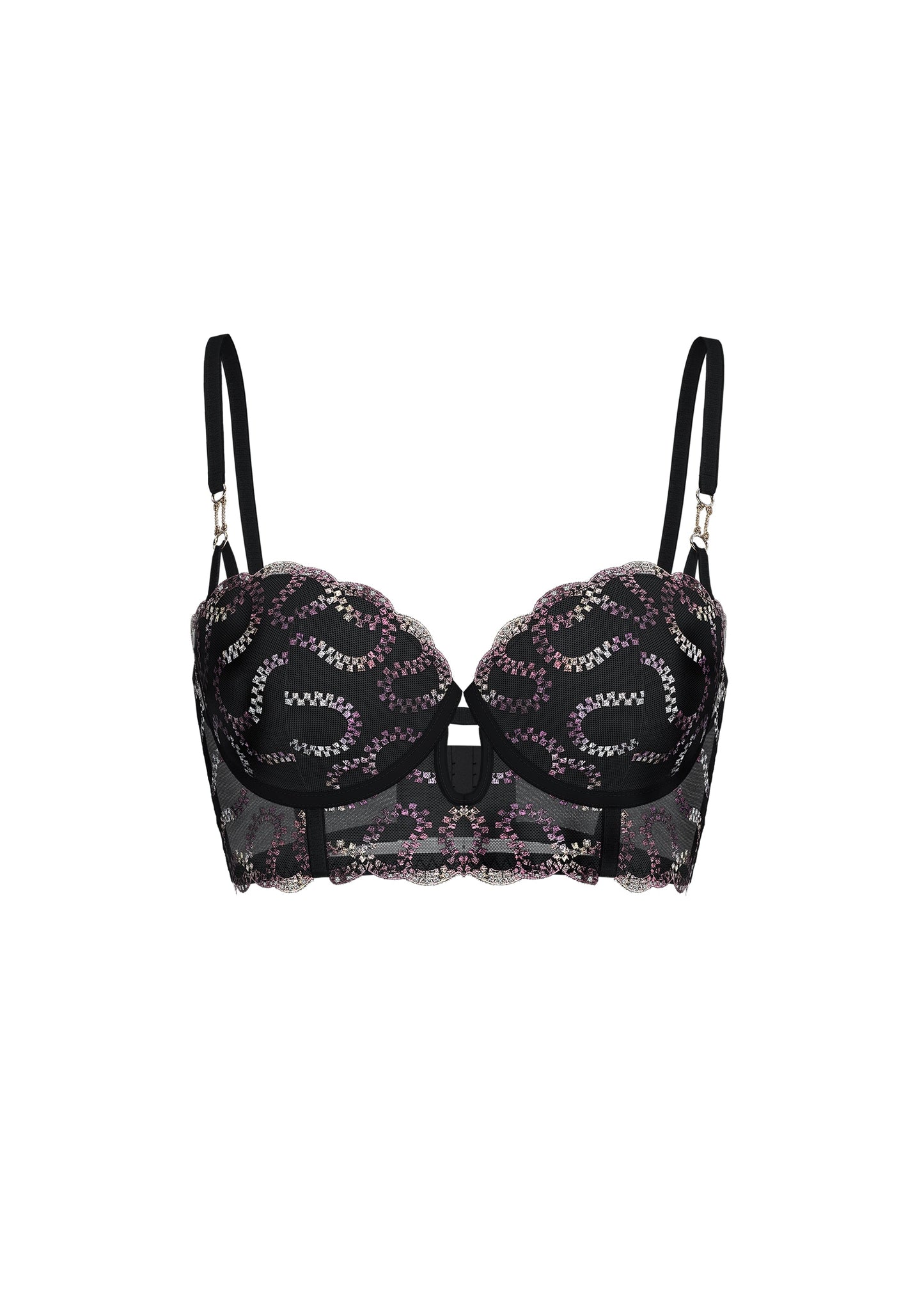 VALE Plus Gold-Foil Embroidery Lace Balconette Wired Long Bra