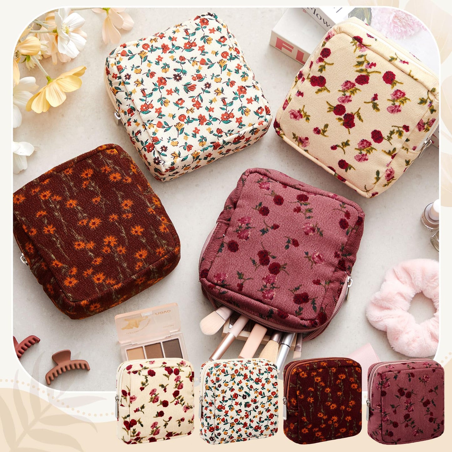 Abbylike 4 Pcs Floral Makeup Bag Cosmetic Bag with Zipper Portable Small Pouches for Purse Toiletry Mini Pouch Cute Mini Makeup Purse for Coin Essentials Items Women(Rose)