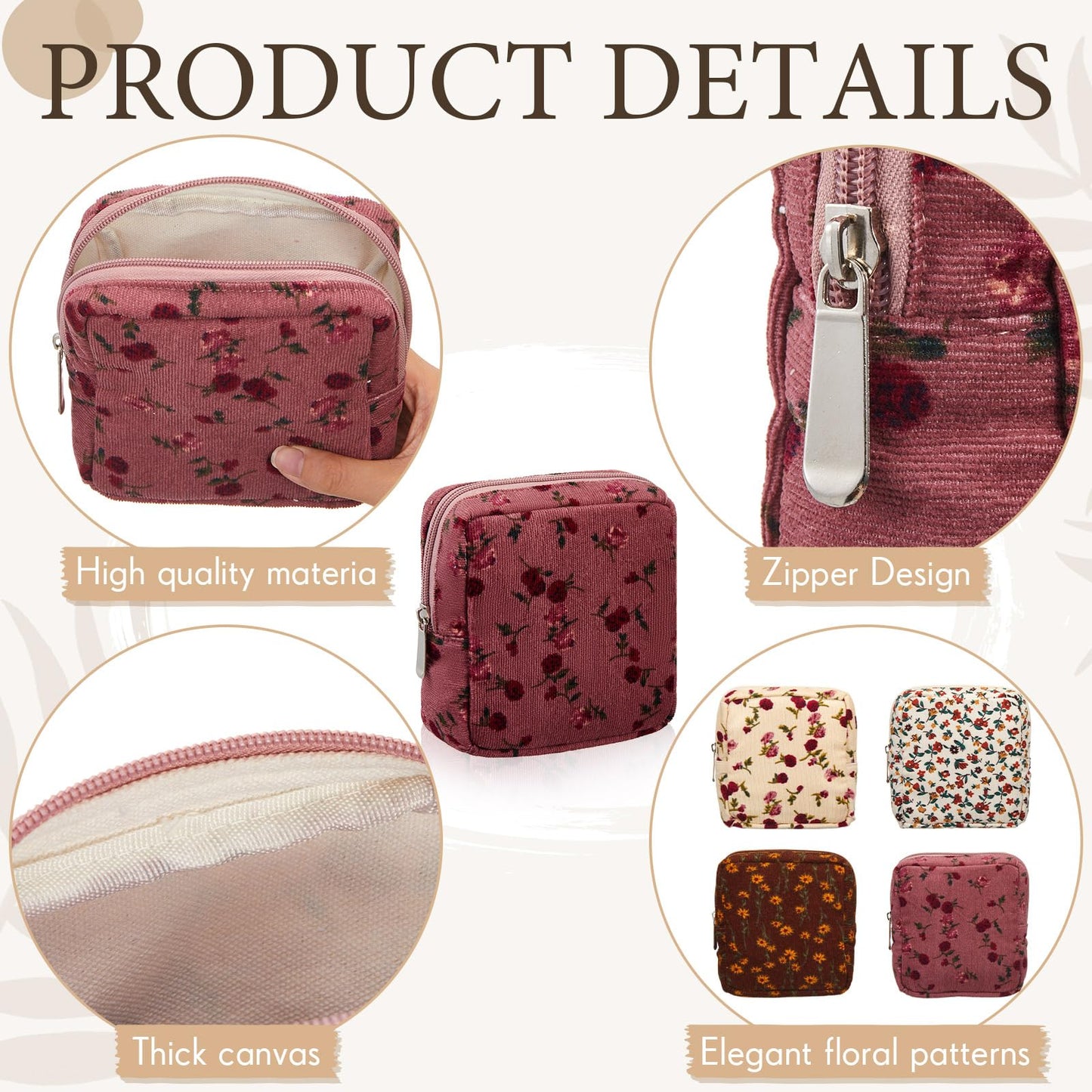 Abbylike 4 Pcs Floral Makeup Bag Cosmetic Bag with Zipper Portable Small Pouches for Purse Toiletry Mini Pouch Cute Mini Makeup Purse for Coin Essentials Items Women(Rose)