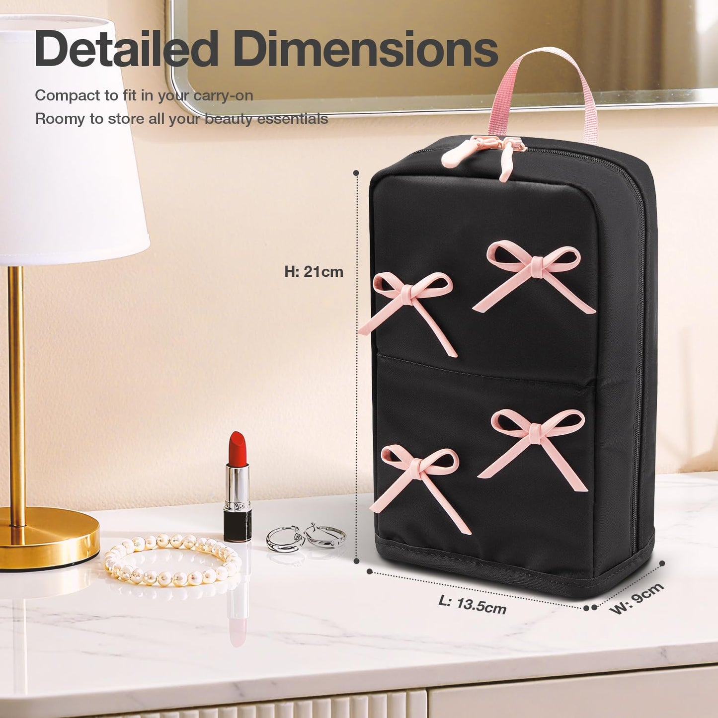 Abiudeng Stand Up Travel Makeup Bag, Small Black Waterproof Cosmetic Case with Brush Compartment & Elastic Holders for Makeup Essentials