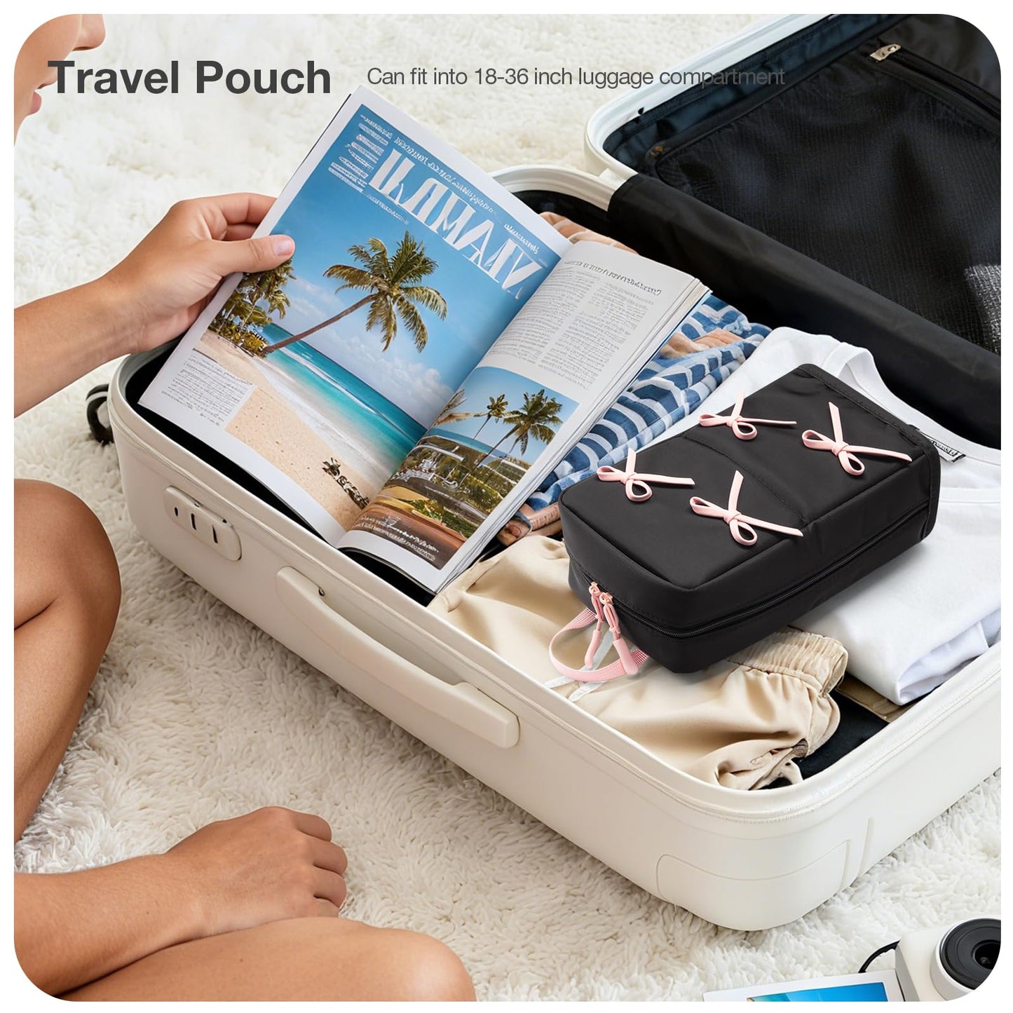 Abiudeng Stand Up Travel Makeup Bag, Small Black Waterproof Cosmetic Case with Brush Compartment & Elastic Holders for Makeup Essentials