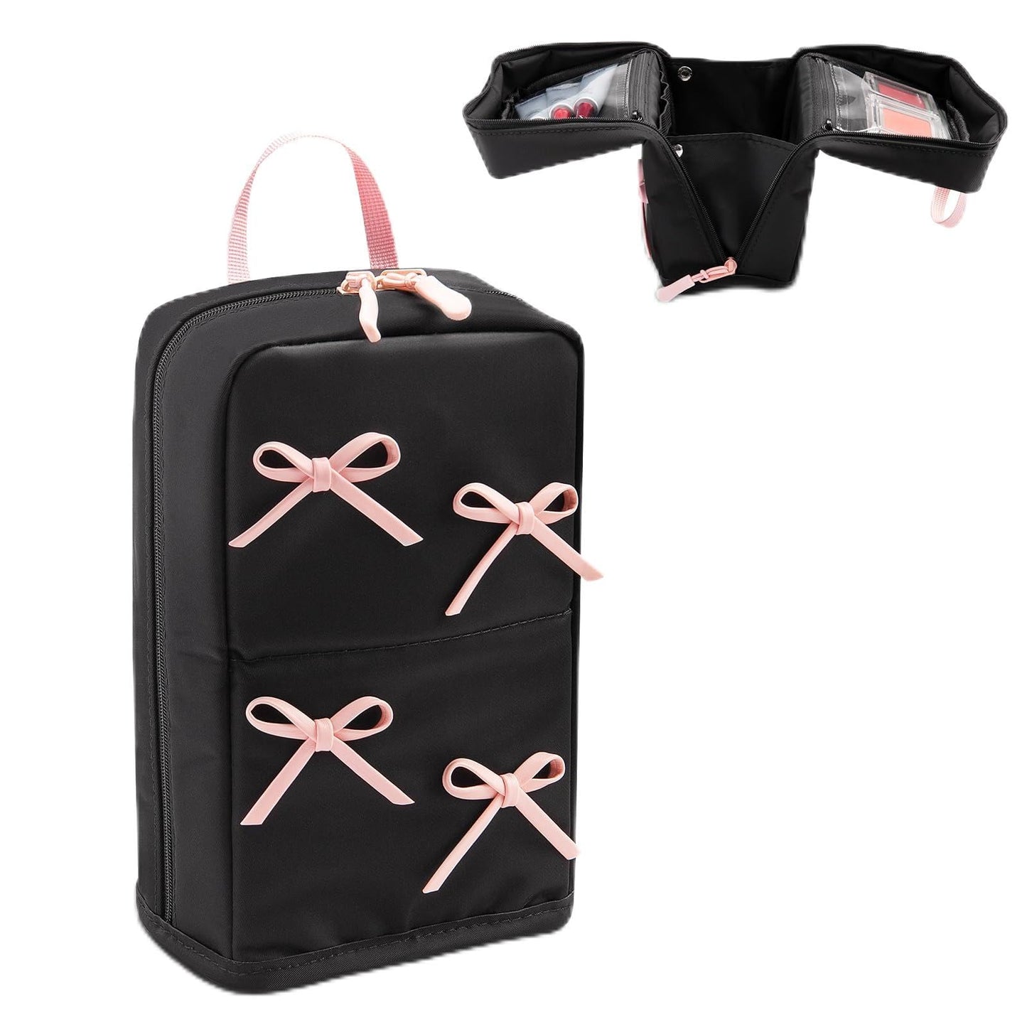 Abiudeng Stand Up Travel Makeup Bag, Small Black Waterproof Cosmetic Case with Brush Compartment & Elastic Holders for Makeup Essentials