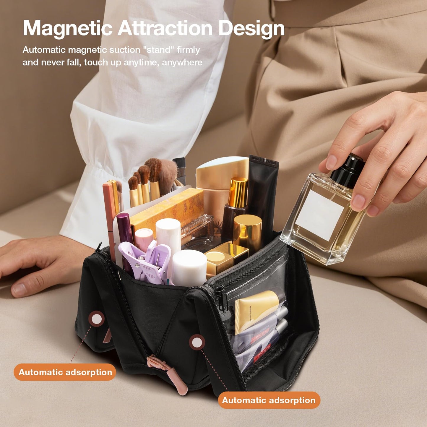 Abiudeng Stand Up Travel Makeup Bag, Small Black Waterproof Cosmetic Case with Brush Compartment & Elastic Holders for Makeup Essentials