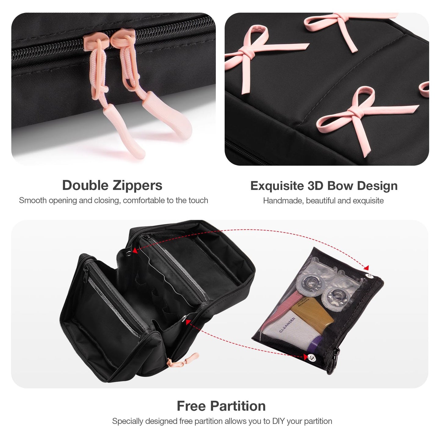 Abiudeng Stand Up Travel Makeup Bag, Small Black Waterproof Cosmetic Case with Brush Compartment & Elastic Holders for Makeup Essentials