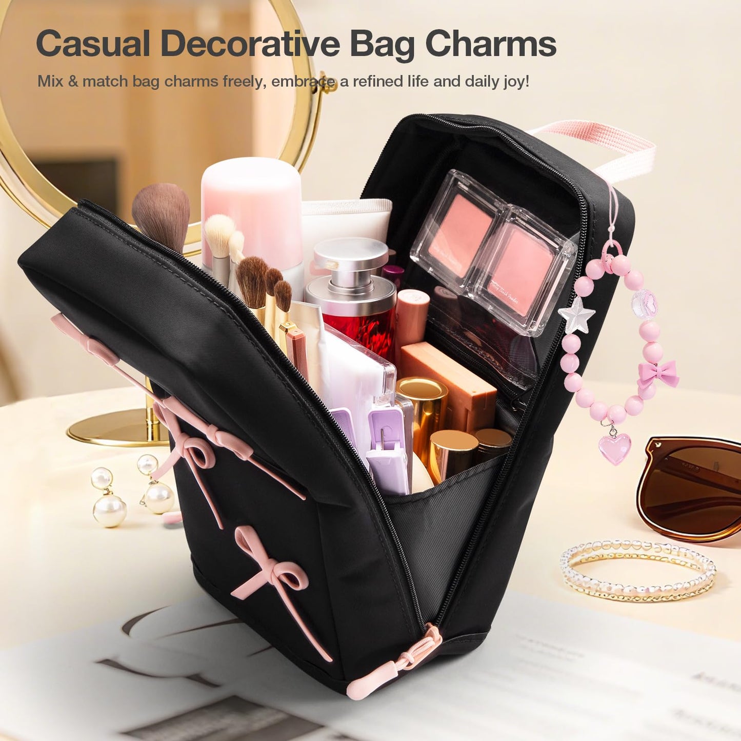 Abiudeng Stand Up Travel Makeup Bag, Small Black Waterproof Cosmetic Case with Brush Compartment & Elastic Holders for Makeup Essentials