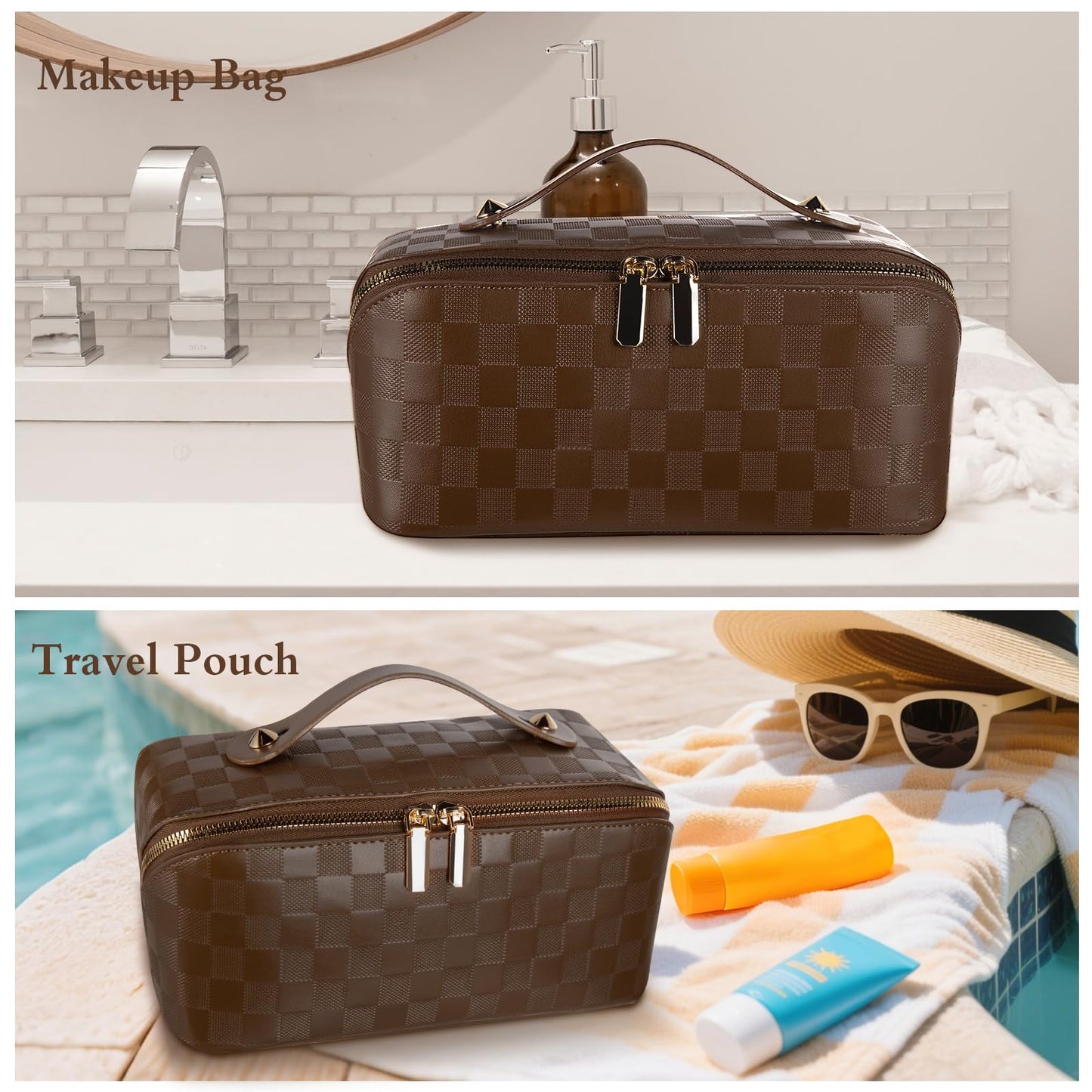 Abiudeng Travel Makeup Bag,Large Capacity Toiletry Bag Cosmetic Bags for Travel Essentials,Waterproof Portable Pouch Open Flat Makeup bag Organizer with Divider and Handle(Checkered-Brown)
