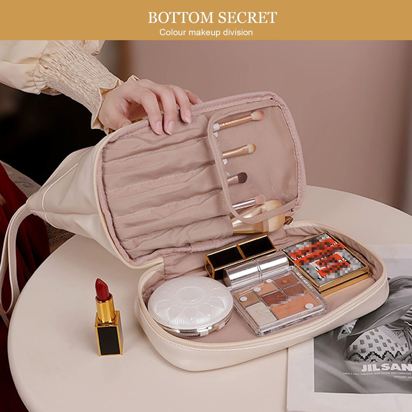 Abiudeng Waterproof Double Layer Makeup Bag for Women, Large Capacity Faux Leather Travel Cosmetic Bag with Compartments & Brush Holder, Portable Makeup Organizer for Traveling Gift for women