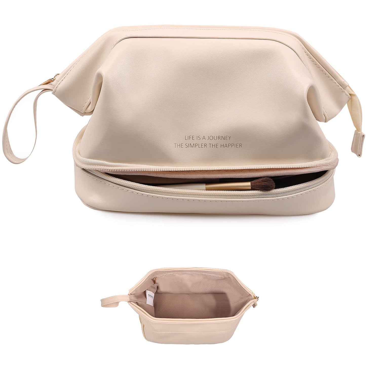 Abiudeng Waterproof Double Layer Makeup Bag for Women, Large Capacity Faux Leather Travel Cosmetic Bag with Compartments & Brush Holder, Portable Makeup Organizer for Traveling Gift for women