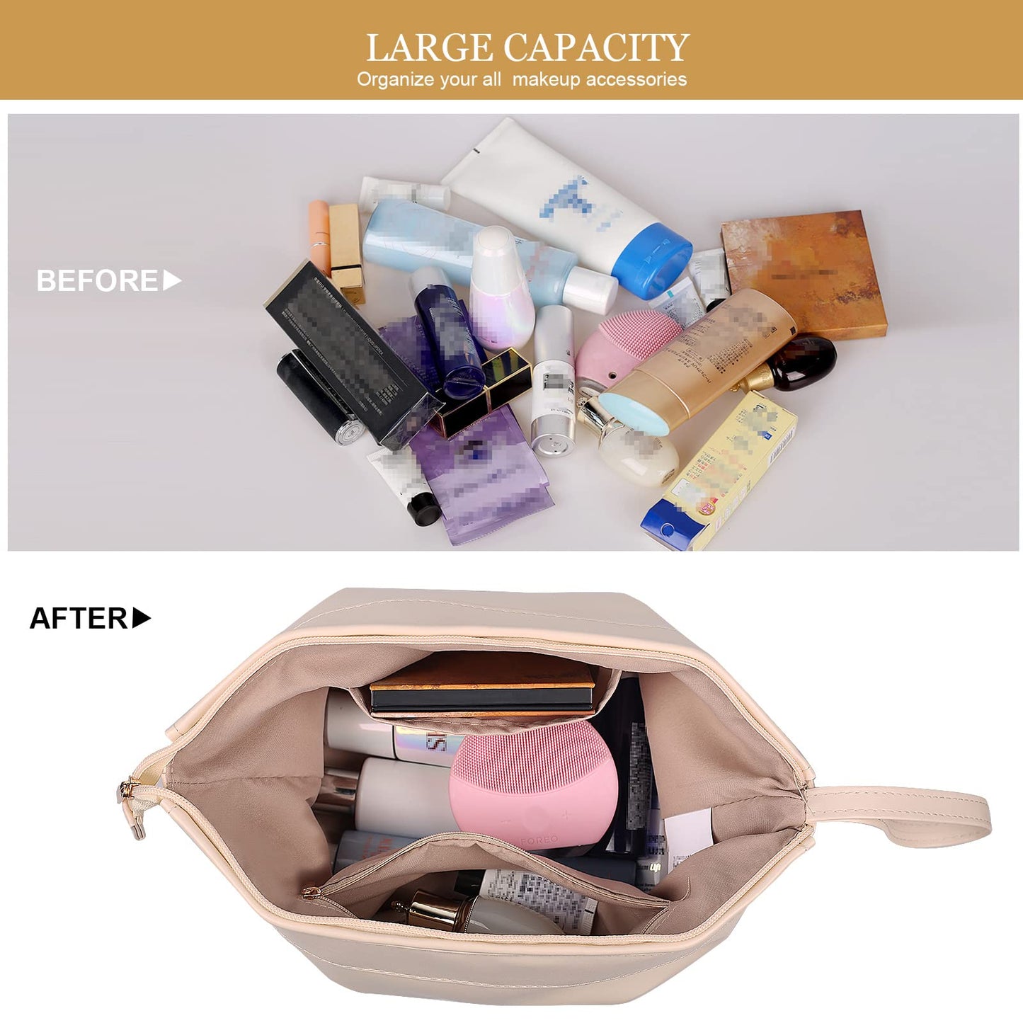 Abiudeng Waterproof Double Layer Makeup Bag for Women, Large Capacity Faux Leather Travel Cosmetic Bag with Compartments & Brush Holder, Portable Makeup Organizer for Traveling Gift for women