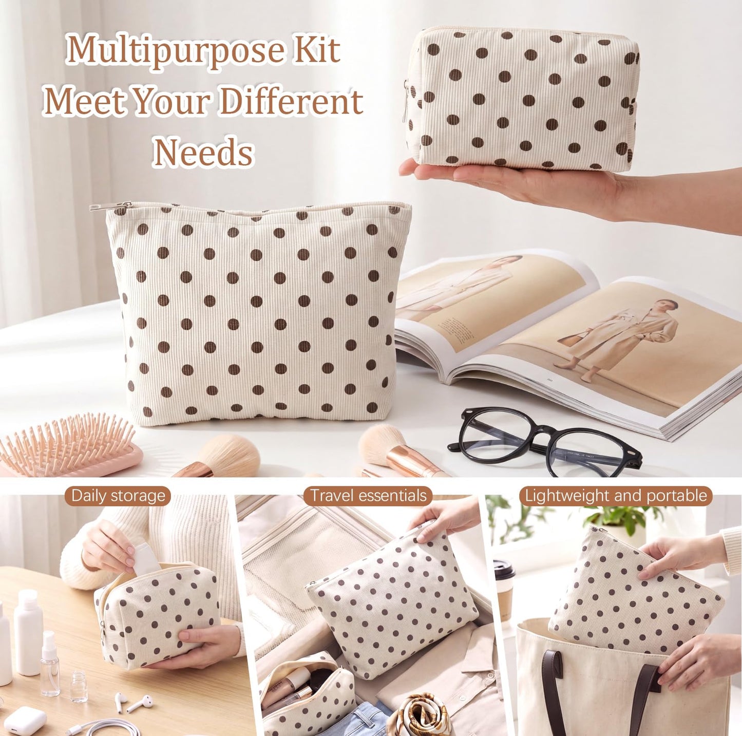 Aliceset 2 Pcs Makeup Bag Set Corduroy Cosmetic Pouch for Purse Large Travel Toiletry Bag Design Aesthetic Cotton Zipper Organizer for Women Gift Beauty Essentials(Polka Dot Beige)