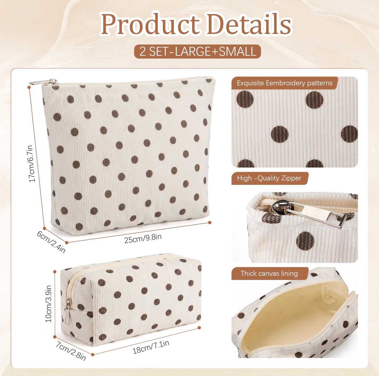 Aliceset 2 Pcs Makeup Bag Set Corduroy Cosmetic Pouch for Purse Large Travel Toiletry Bag Design Aesthetic Cotton Zipper Organizer for Women Gift Beauty Essentials(Polka Dot Beige)