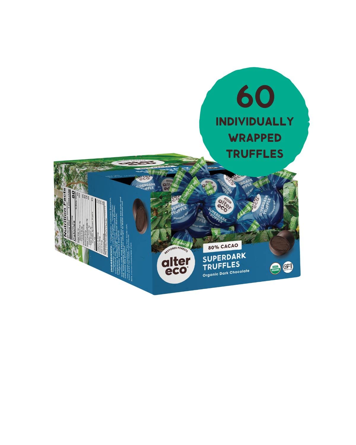 Alter Eco SuperDark Truffles | Pure Dark Cocoa, Organic & Fair Trade, Non-GMO, Gluten Free - 60 Truffles