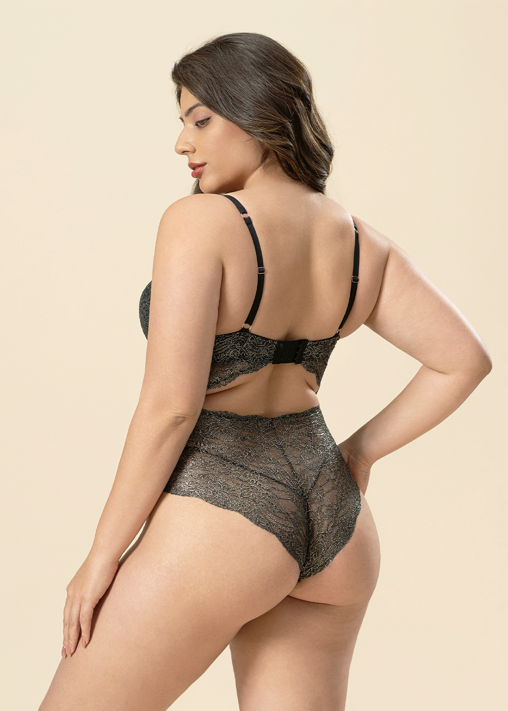 AMBER Plus Sexy Push-up Black Foil Printed Gold Lace Bodysuit