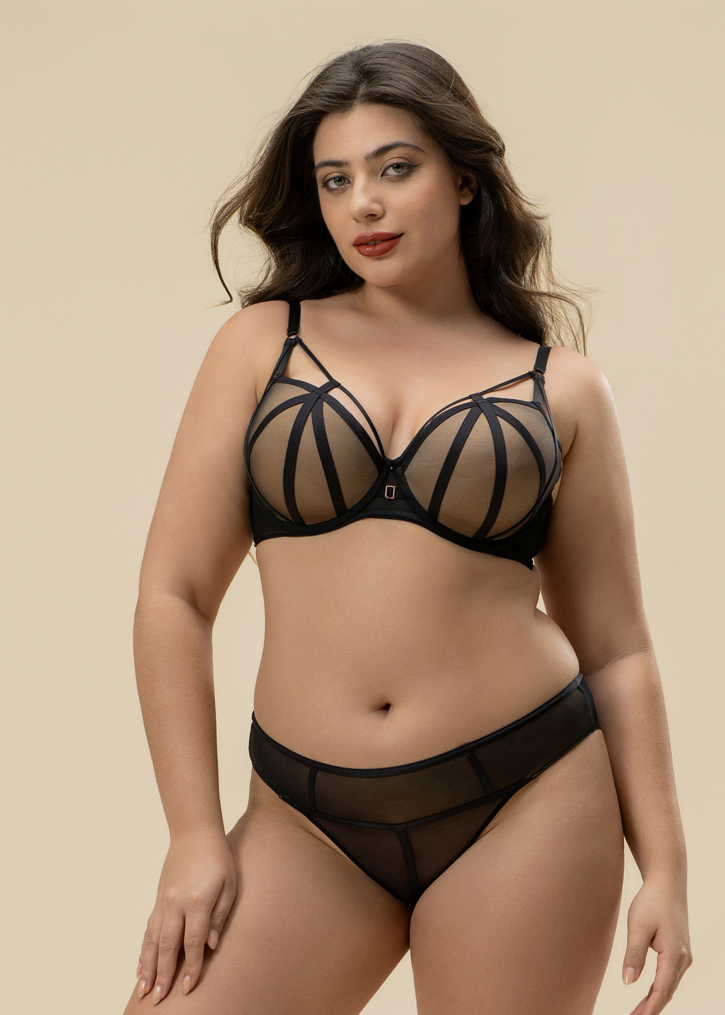 ANN Plus Black Push-Up Molded Mesh Demi Bra with Removable Pads