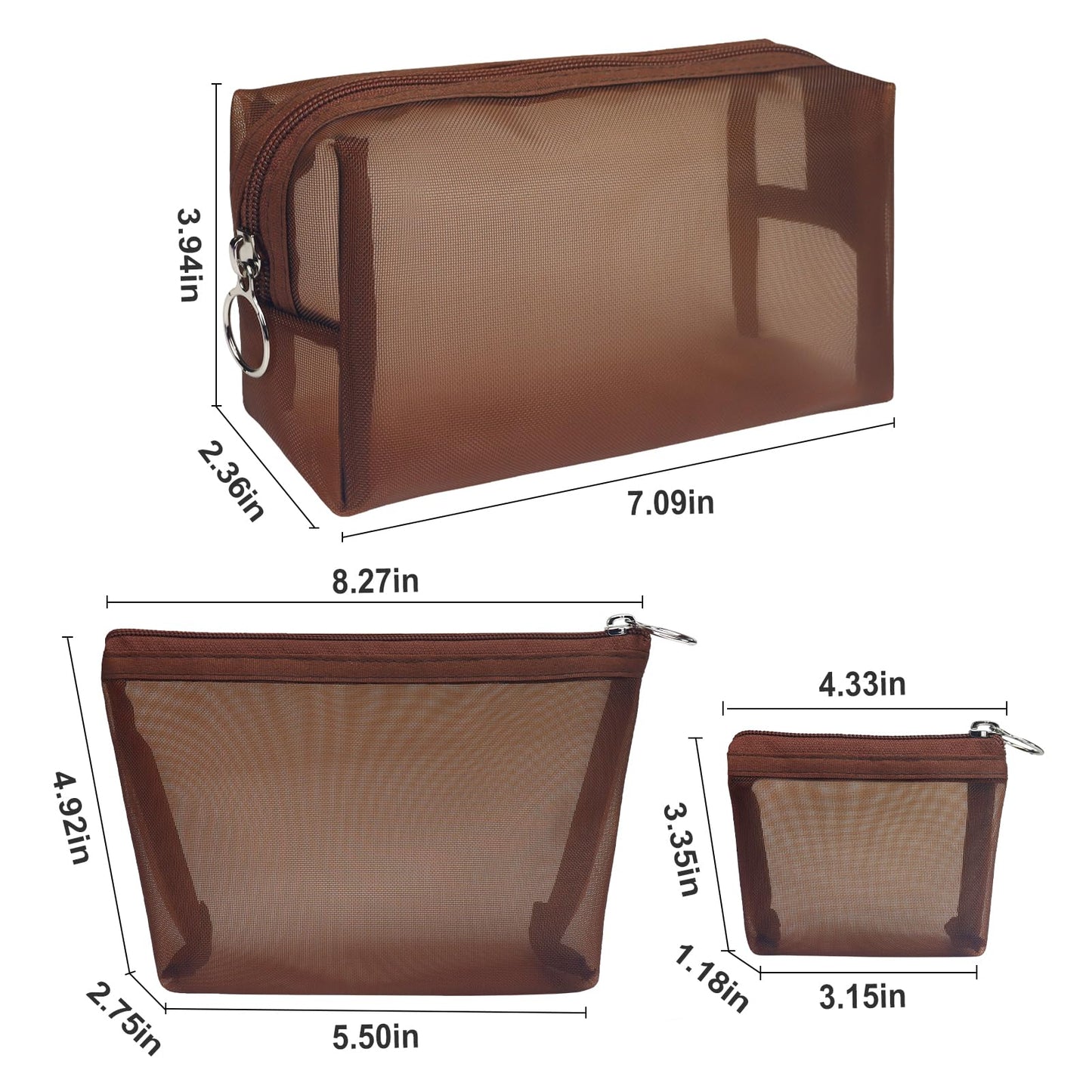 Aosbos 3-Pack Mesh Cosmetic Bag Set – Travel Makeup Pouch with Zipper, Lightweight Organizer for Toiletries – Durable & Breathable Nylon Mesh Bags, Brown