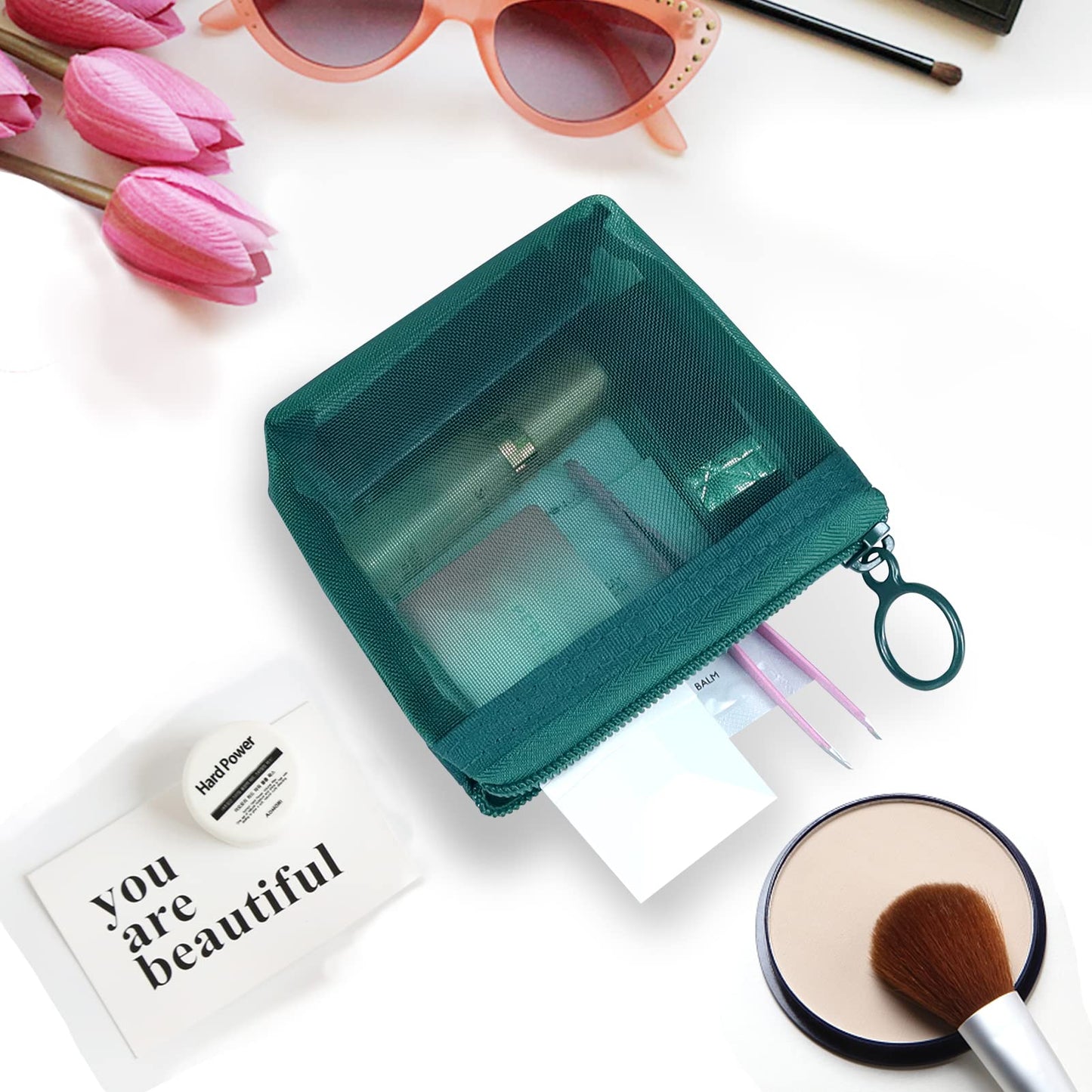 Aosbos 3-Pack Mesh Cosmetic Bag Set - Travel/On-The-Go Makeup Storage, Zipper Closure Small Pouch, Green