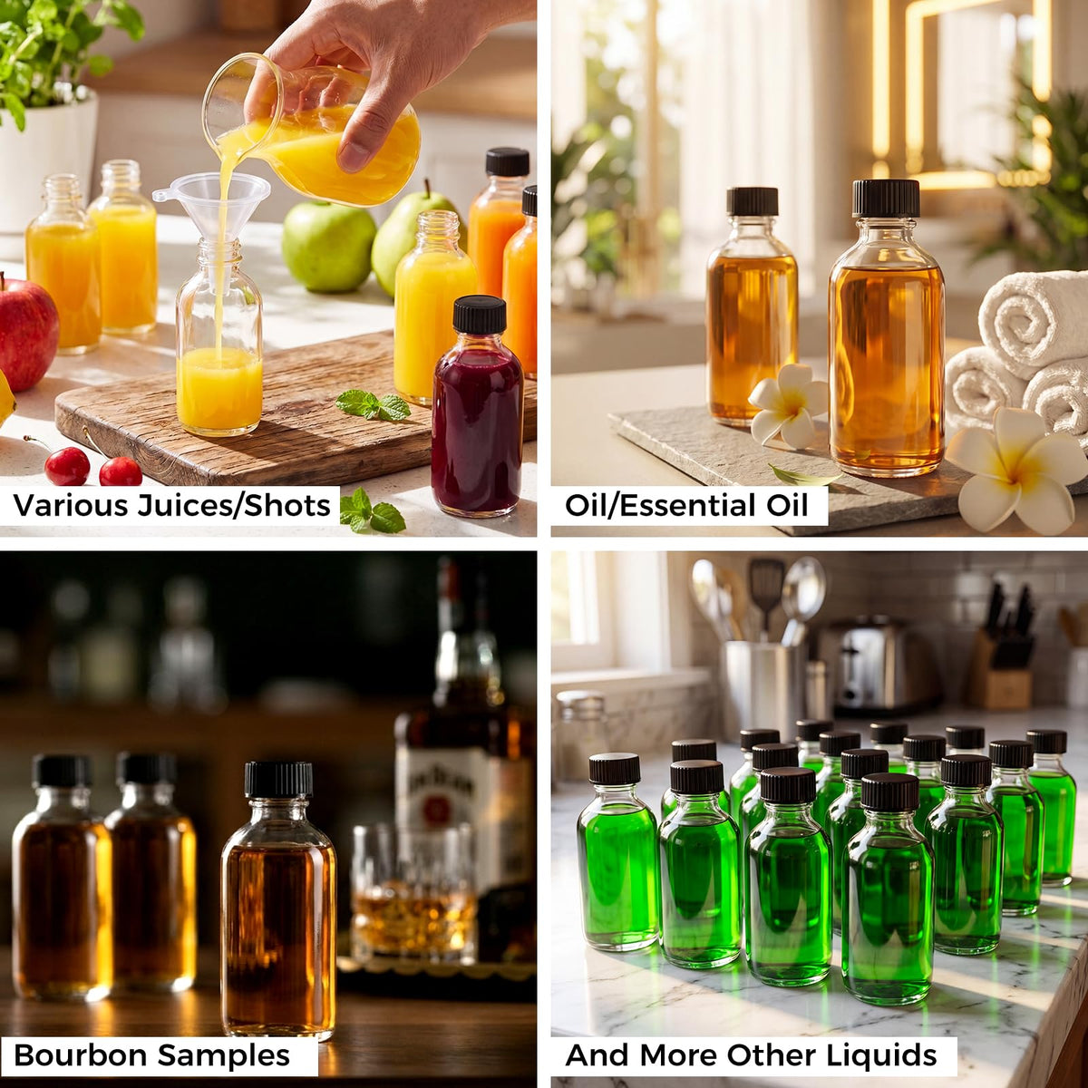AOZITA 16 Pack, 2 oz Small Clear Glass Bottles w/Lid & 3 Funnels - 60ml Boston Shot Bottles for Health, Immunity, Potion, Wellness, Sample, Ginger, Juice - Mini Personal Care & Beauty Travel Bottle