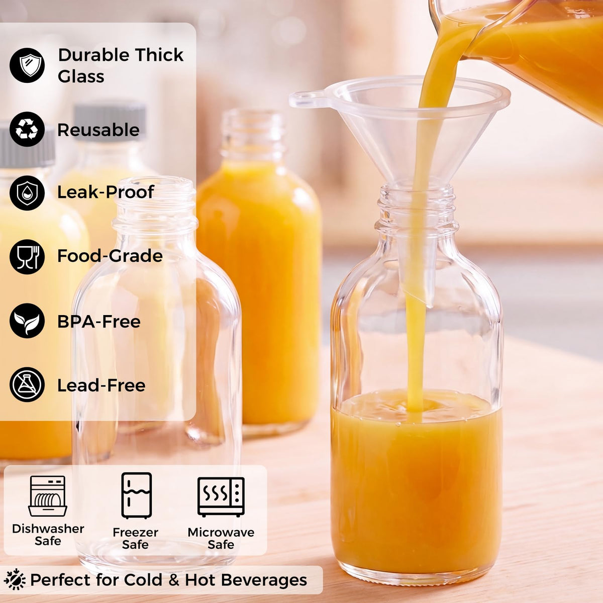 AOZITA 16 Pack, 2 oz Small Clear Glass Bottles w/Lid & 3 Funnels - 60ml Boston Shot Bottles for Health, Immunity, Potion, Wellness, Sample, Ginger, Juice - Mini Personal Care & Beauty Travel Bottle