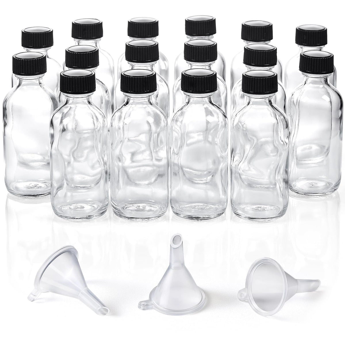 AOZITA 16 Pack, 2 oz Small Clear Glass Bottles w/Lid & 3 Funnels - 60ml Boston Shot Bottles for Health, Immunity, Potion, Wellness, Sample, Ginger, Juice - Mini Personal Care & Beauty Travel Bottle