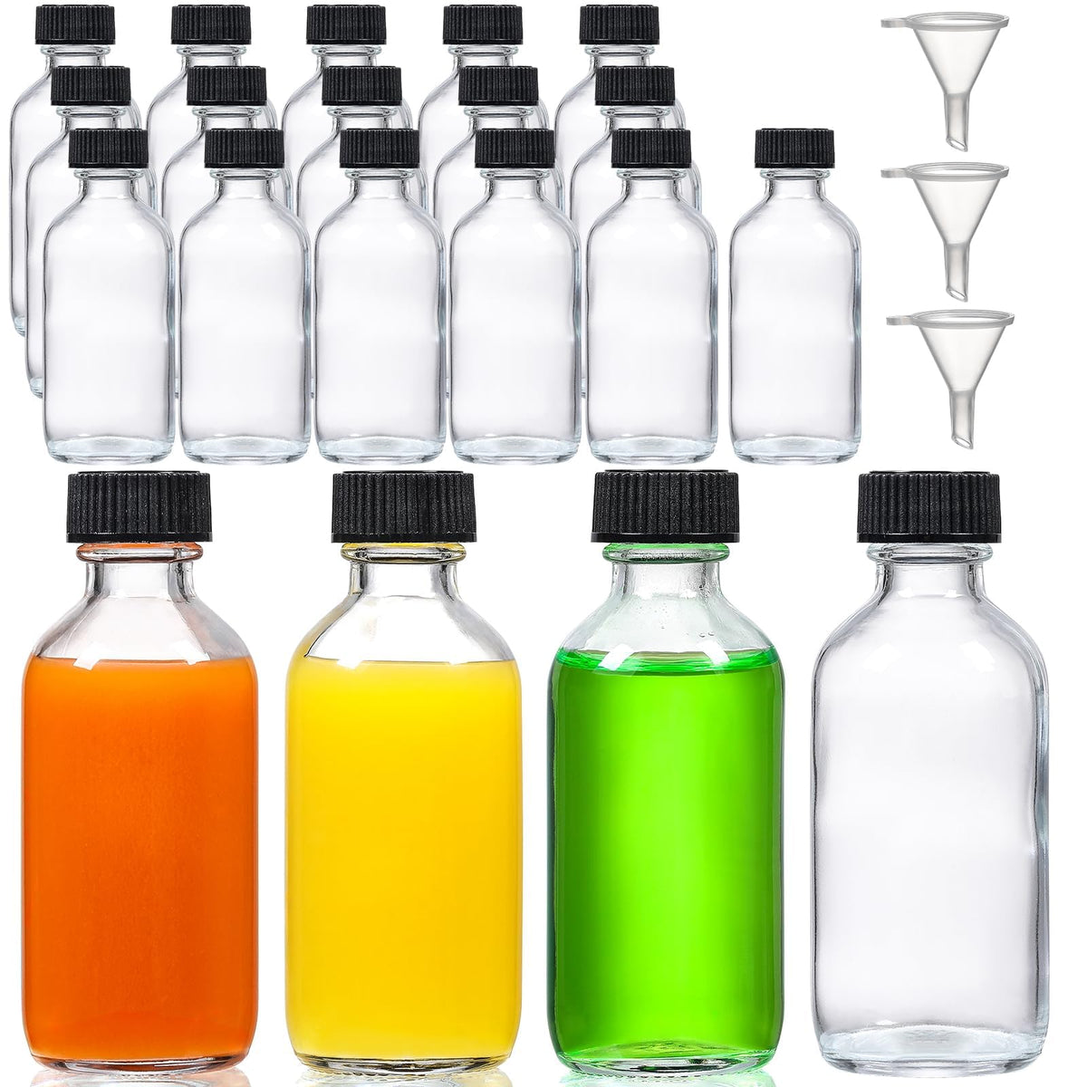 AOZITA 16 Pack, 2 oz Small Clear Glass Bottles w/Lid & 3 Funnels - 60ml Boston Shot Bottles for Health, Immunity, Potion, Wellness, Sample, Ginger, Juice - Mini Personal Care & Beauty Travel Bottle