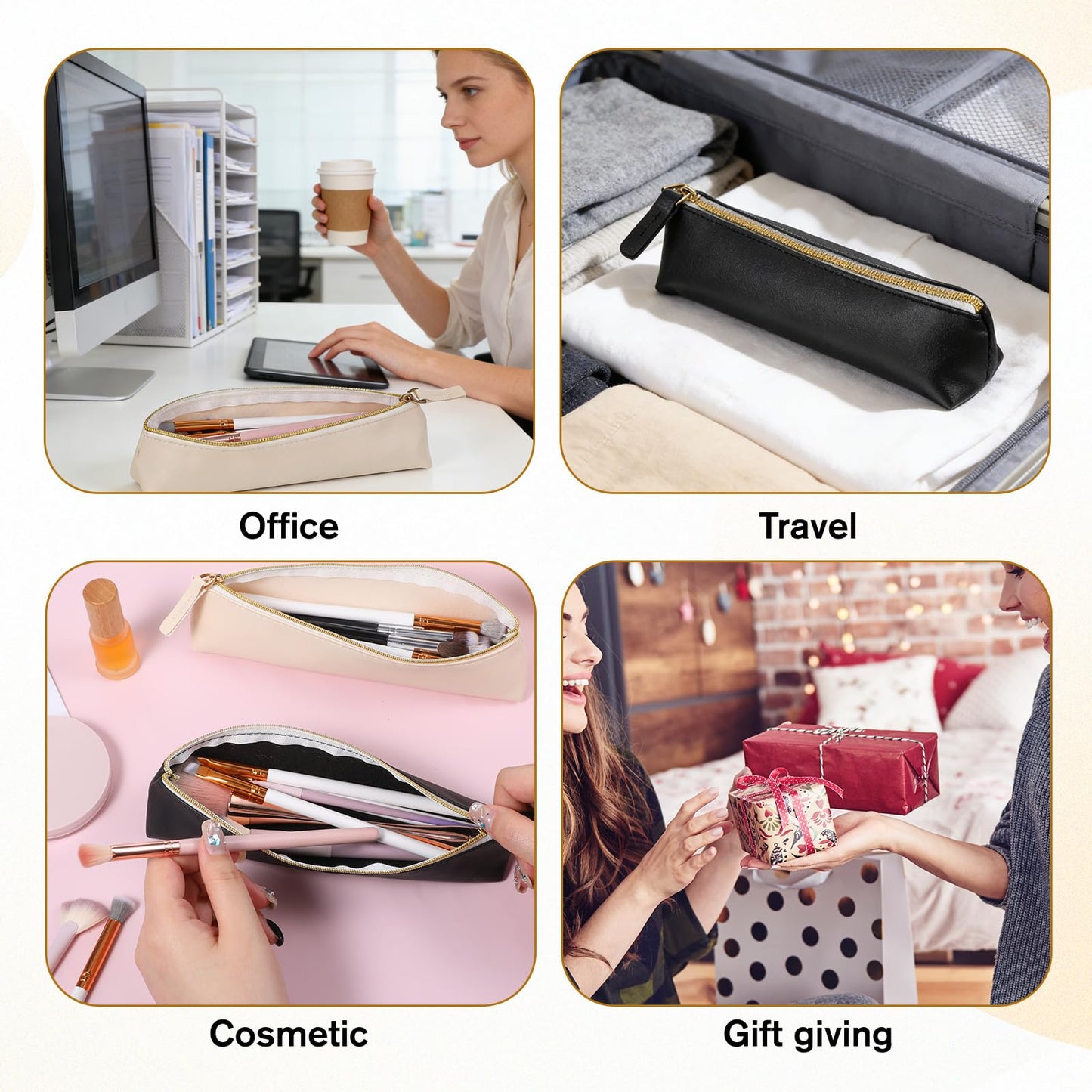 Apojgitn 2Pcs Mini Makeup Bag for Purse, PU Leather Small Makeup Bag Portable Soft Cosmetic Organizer Pouch Waterproof Small lipstick Bags with Zipper for Women Travel Storage(Black, Beige)