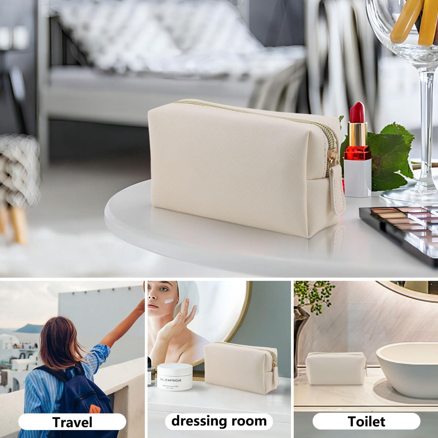 Apooliy Leather Makeup Bag for Purse Travel, Portable Small Cosmetic Organizer for Women and Girls, Make up Bag with Zipper