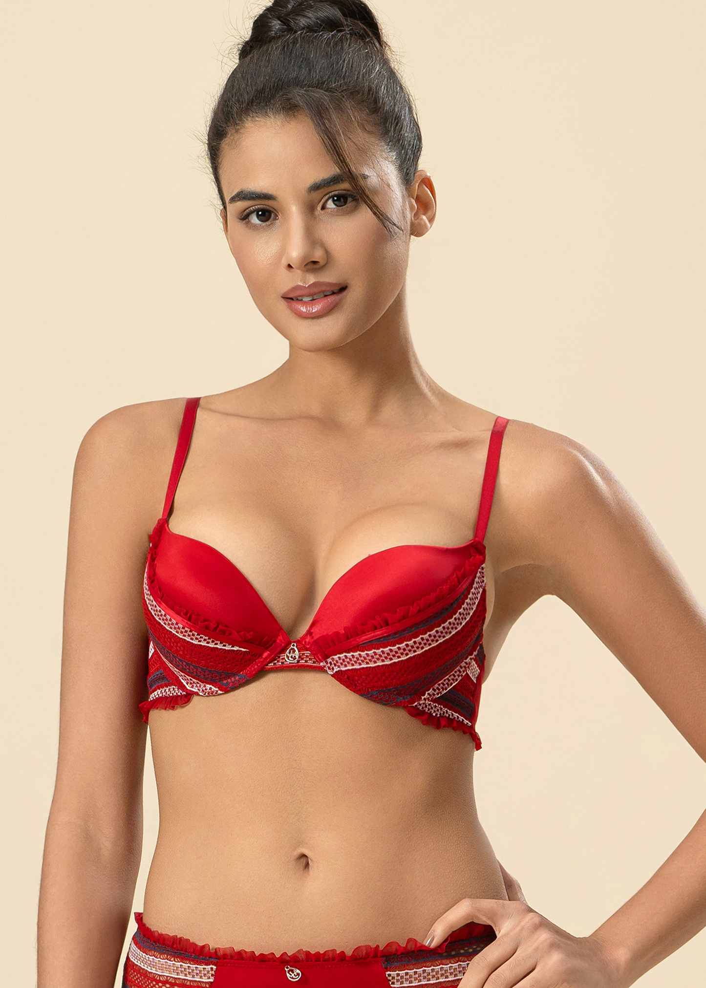 ASHLEY Shiny Red Push-Up Underwired Demi Molded Cup Bra