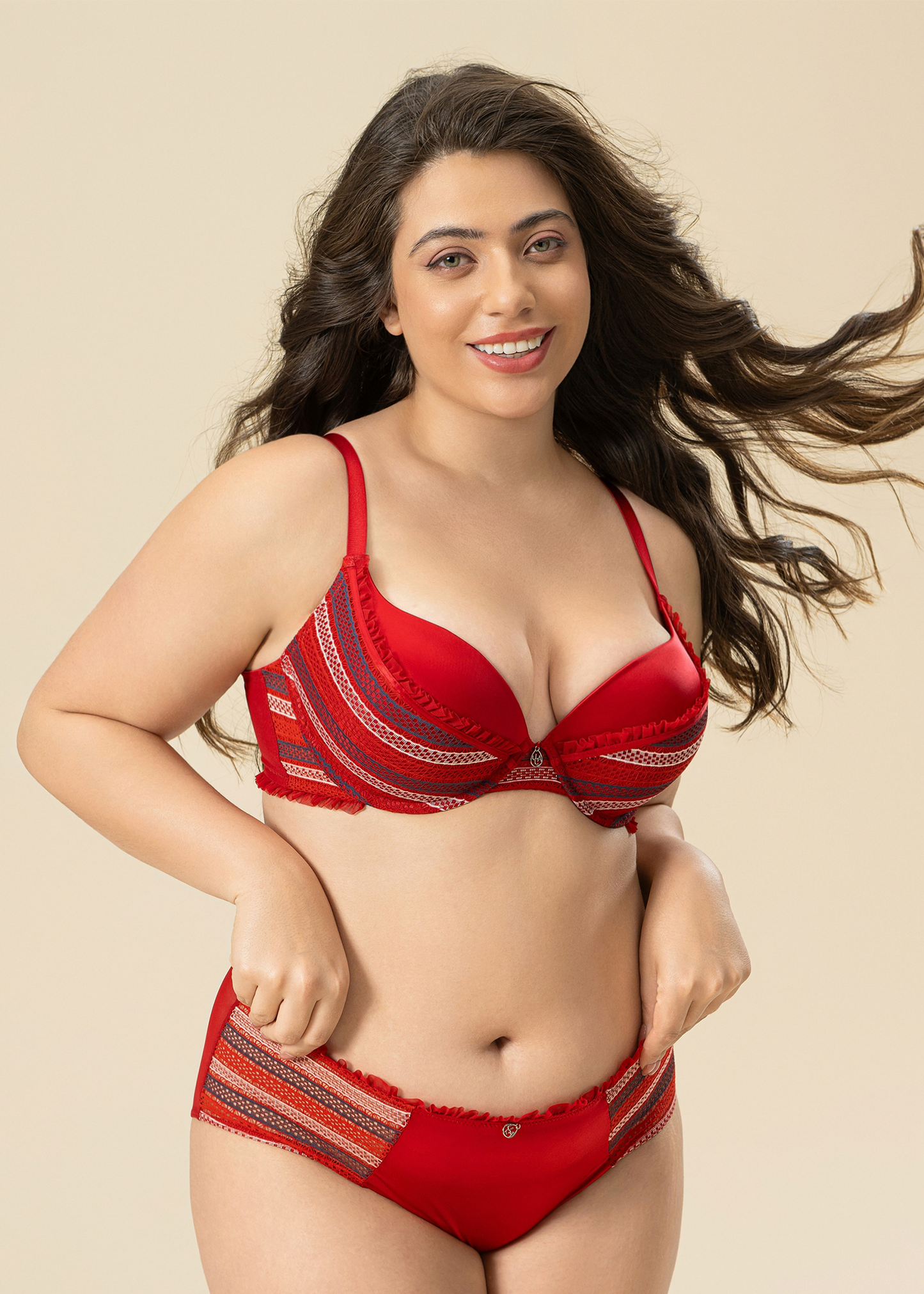ASHLEY Plus Shiny Red Push-Up Underwired Demi Molded Cup Bra