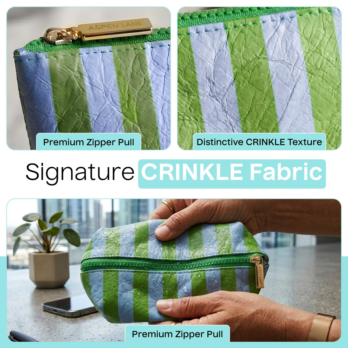 Aspen Lane Preppy Stripe Crinkle Makeup Bag Set of 5 Travel Cosmetic Bags