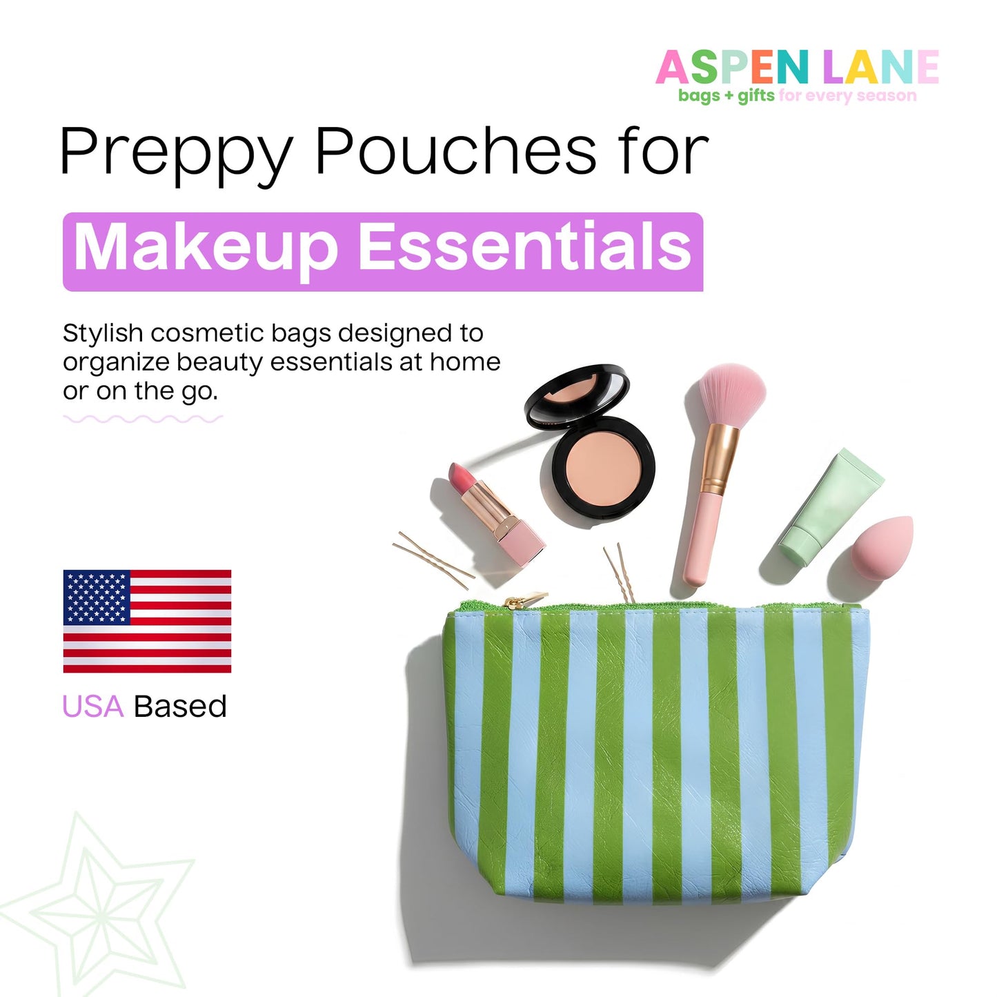 Aspen Lane Preppy Stripe Crinkle Makeup Bag Set of 5 Travel Cosmetic Bags