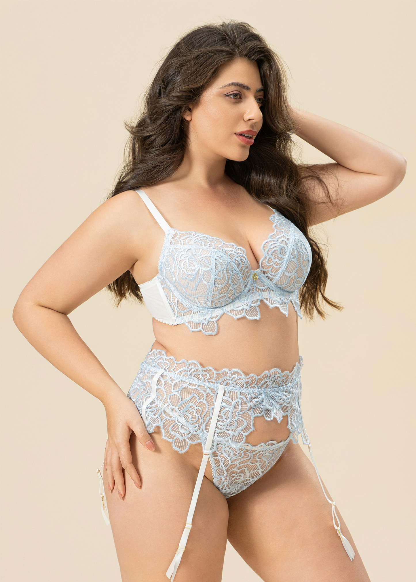 ATHENA Plus Fairylike Wathet Blue Floral Lace Thongs with Garters
