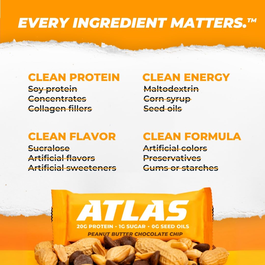 Atlas Protein Bar - 20g Protein, 1g Sugar, Clean Ingredients, Gluten Free Whey Variety, 36 Count