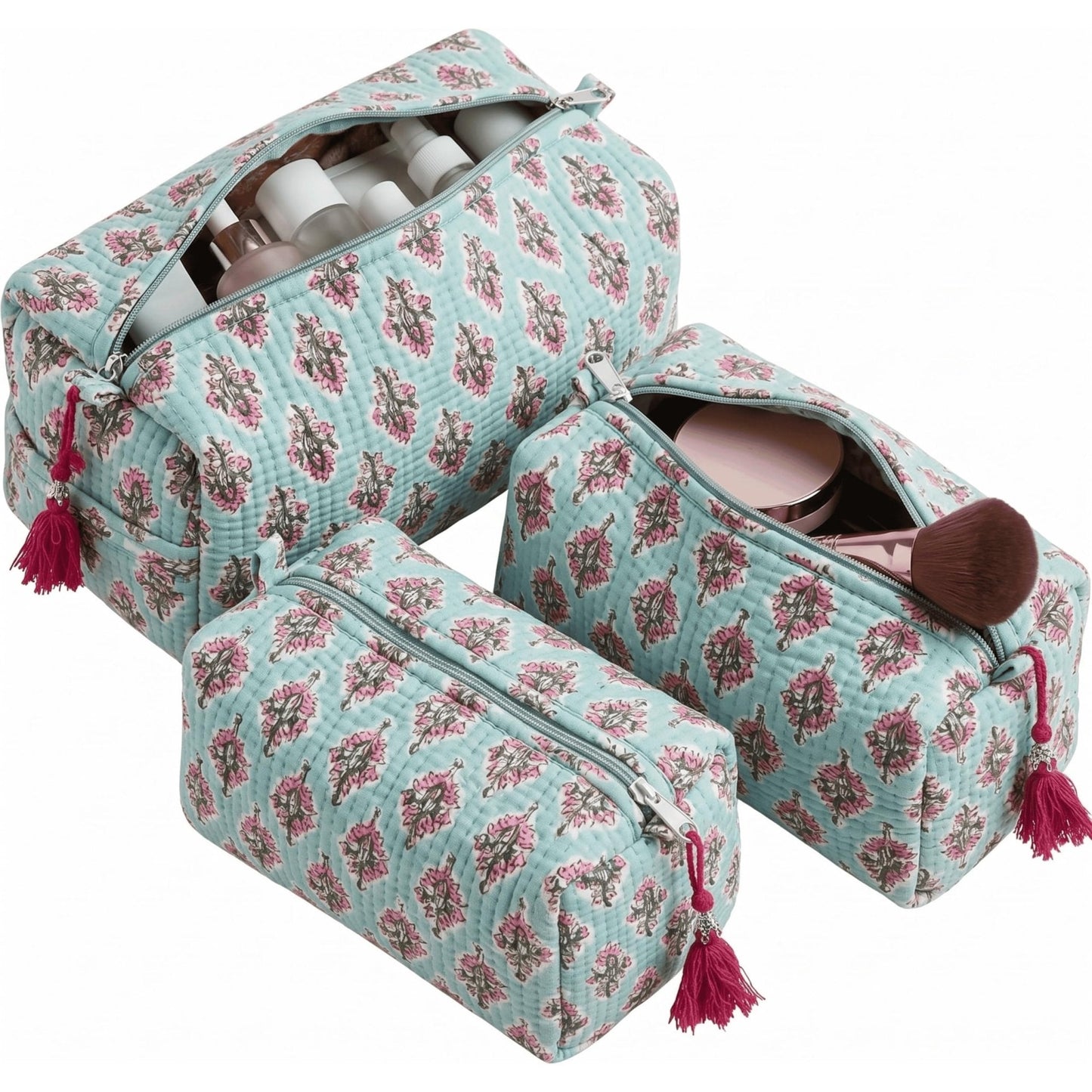 ATOSII Set of 3 100% Cotton Handblock Print Quilted Toiletry Cosmetic Makeup Travel Bag for Women, Waterproof Inner Lining, Jewelry Essentials Storage Case, Toiletries Pouch Purse, Blubell