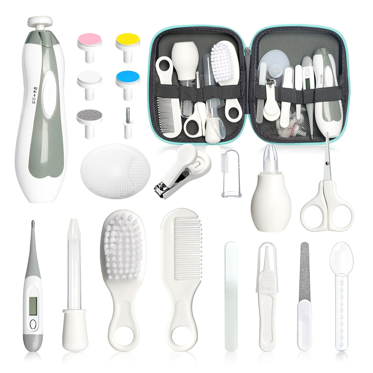 Baby Healthcare and Grooming Kit, 21pcs Baby Electric Nail Trimmer Set Newborn Nursery Health Care Set for Newborn Infant Toddlers Baby Boys Girls Kids Haircut Tools (21 Kits Grey White)