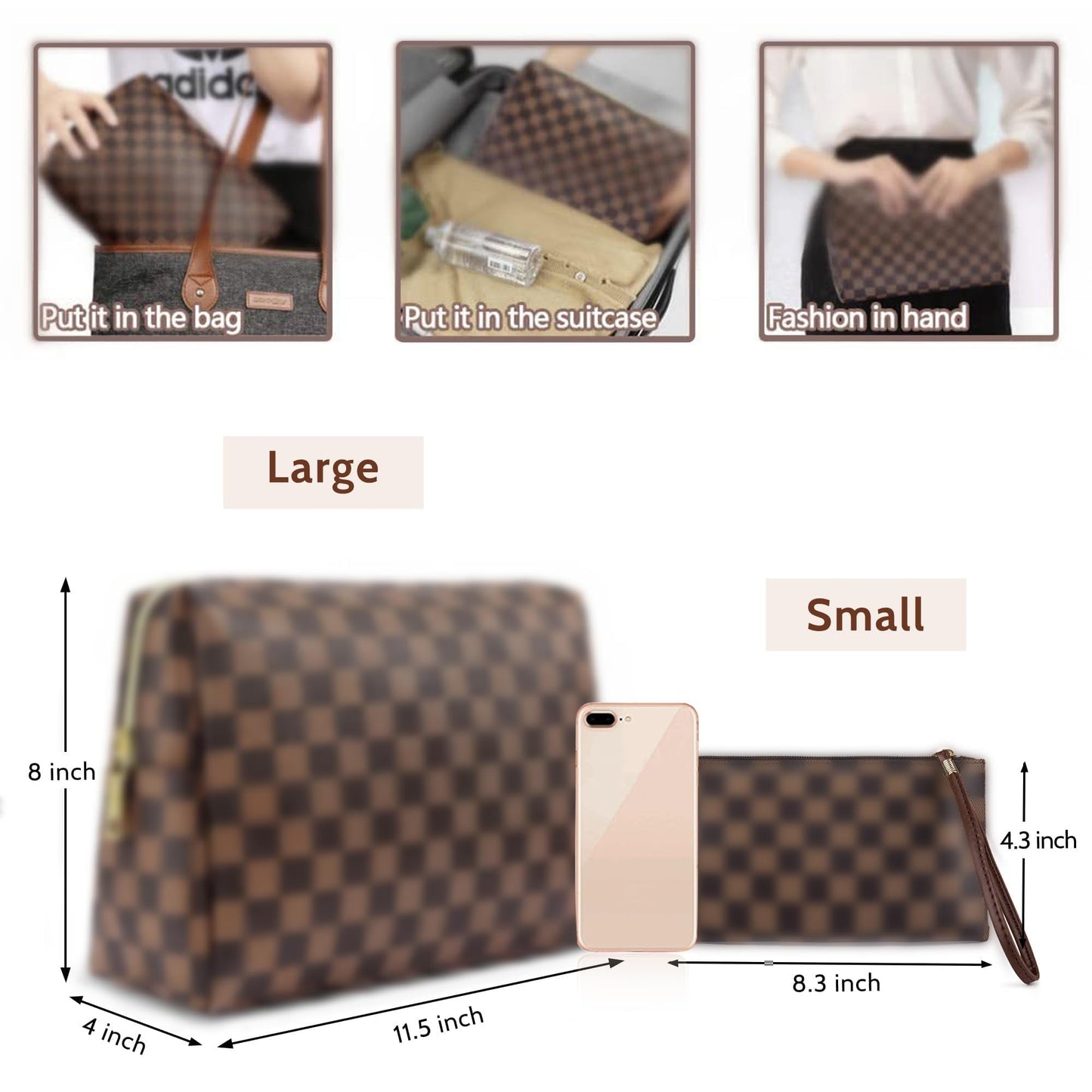 BAGCRAZY Checkered Makeup Bag 2 Pack, Waterproof PU Leather Travel Cosmetic Organizer Set for Women, Portable Toiletry Pouch for Purse & Weekend Getaways
