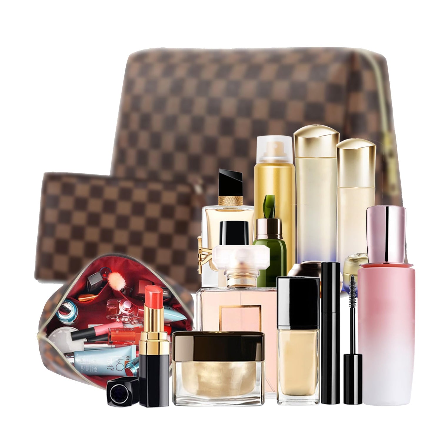 BAGCRAZY Checkered Makeup Bag 2 Pack, Waterproof PU Leather Travel Cosmetic Organizer Set for Women, Portable Toiletry Pouch for Purse & Weekend Getaways