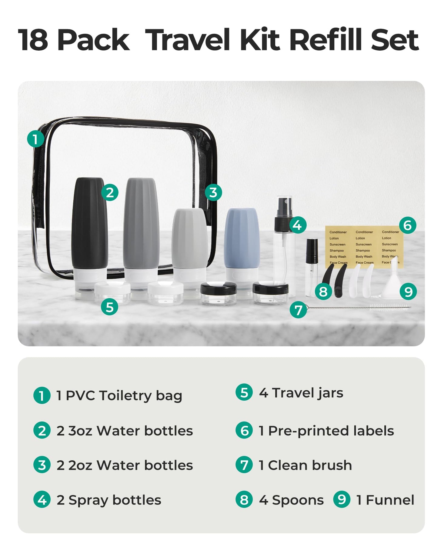 BAGSMART 18 Pack TSA Approved Travel Bottles for Toiletries, Leak Proof Silicone Travel Size Containers Bottles for Shampoo, Grey
