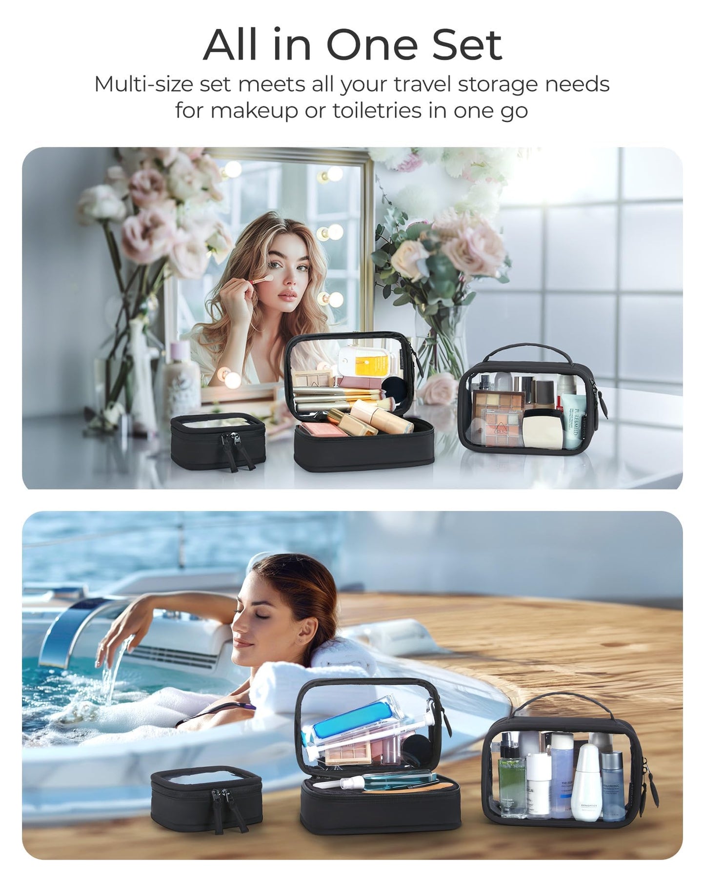 BAGSMART Double Layer Clear Makeup Bag, TSA-Approved Toiletry Bag, Large Opening with Handle, Cute Water-Resistant Travel Cosmetic Bag with Double Zipper for Car Essentials(Pink)