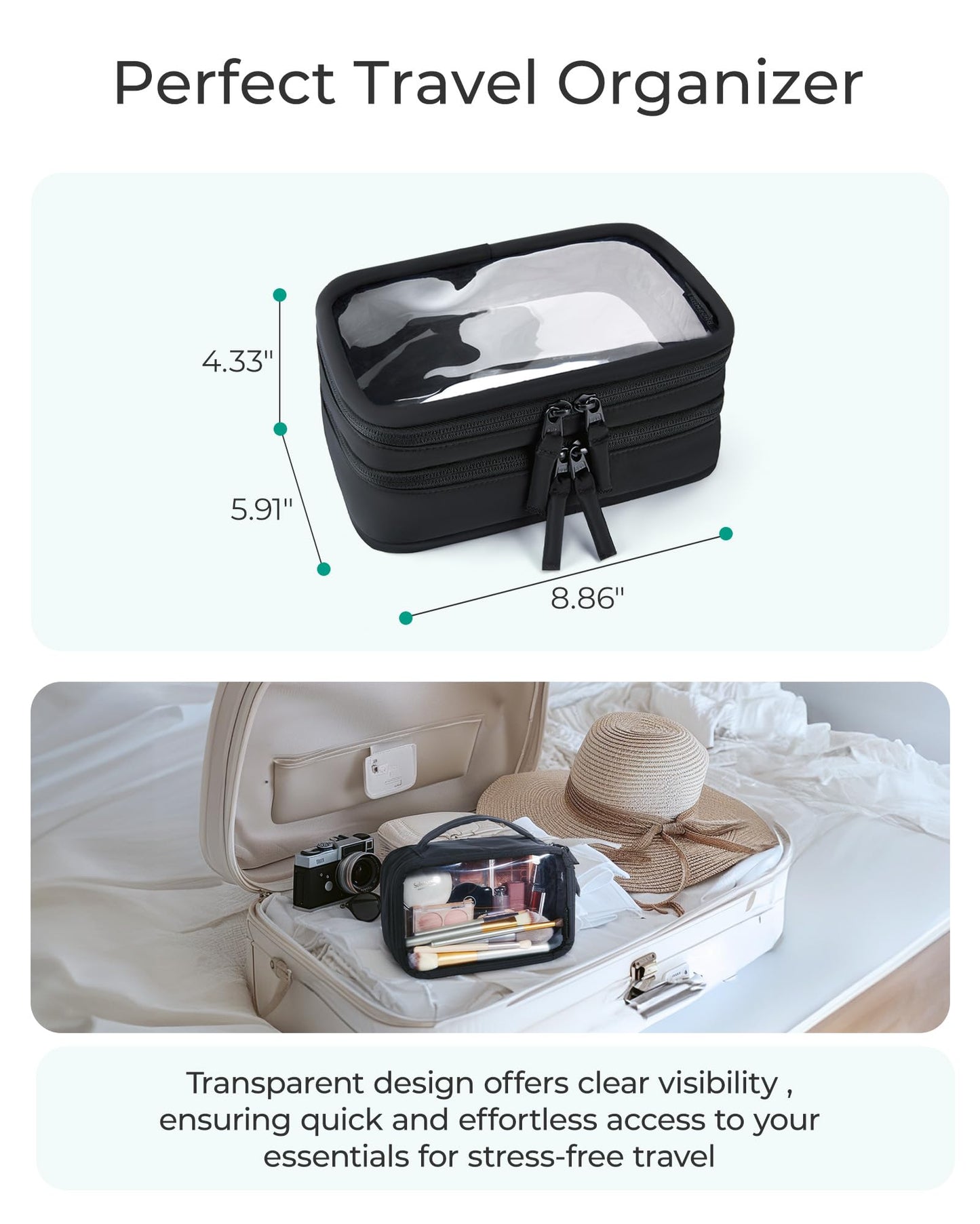 BAGSMART Double Layer Clear Makeup Bag, TSA-Approved Toiletry Bag, Large Opening with Handle, Cute Water-Resistant Travel Cosmetic Bag with Double Zipper for Car Essentials(Pink)