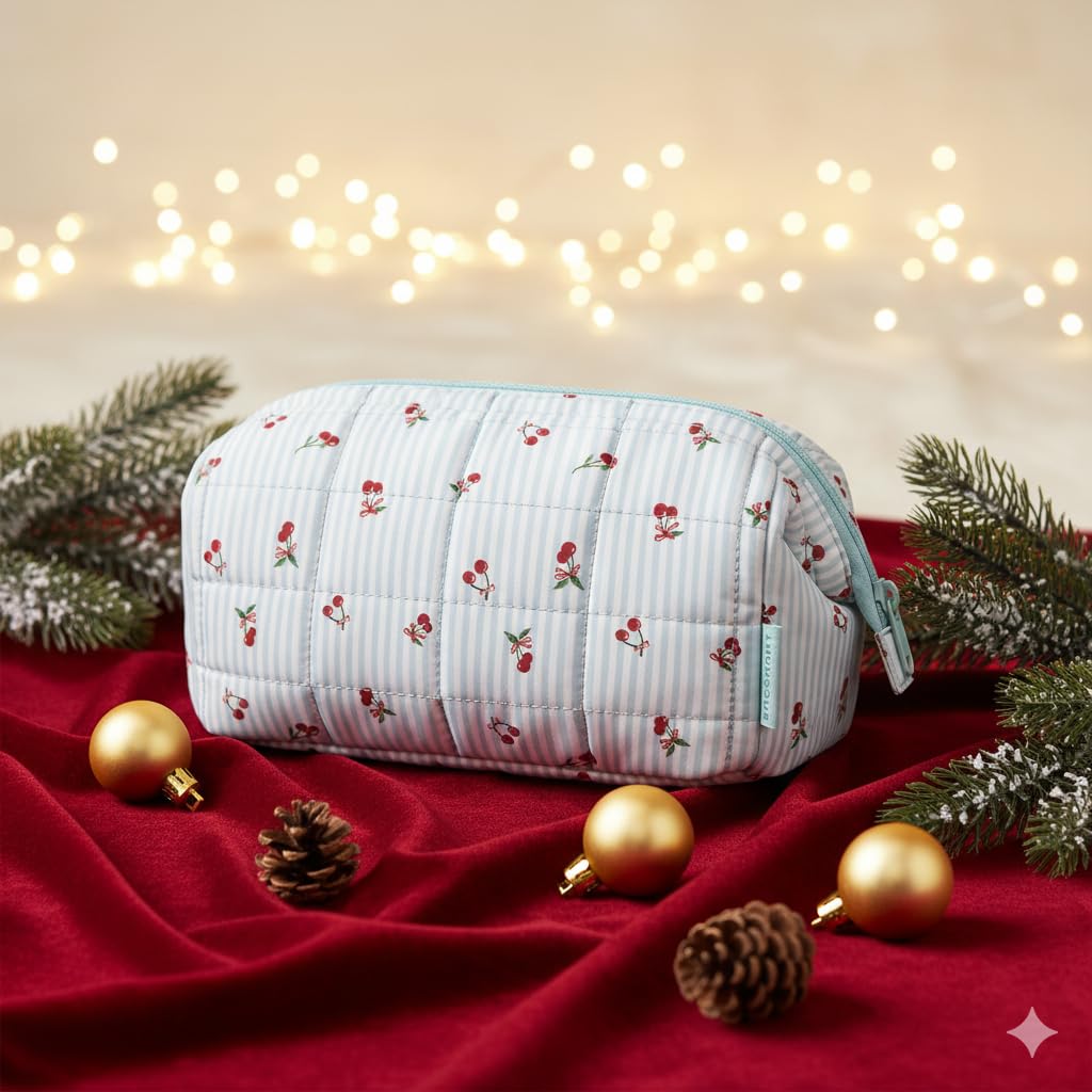 BAGSMART Makeup Bag Travel Toiletry Bag, Puffy Padded Make Up Bags for Women Makeup Organizer Case, Wide-open Pouch Purse Travel Essentials Toiletries Accessories Brushes, Ditsy Cherry