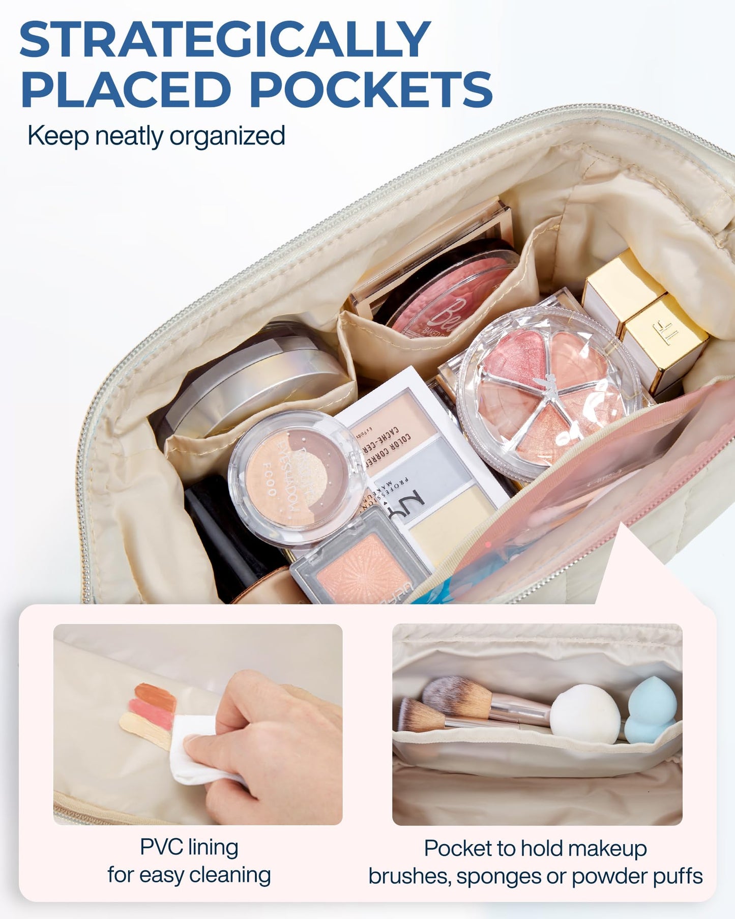 BAGSMART Makeup Bag Travel Toiletry Bag, Wide-open Zipper Pouch, Beige