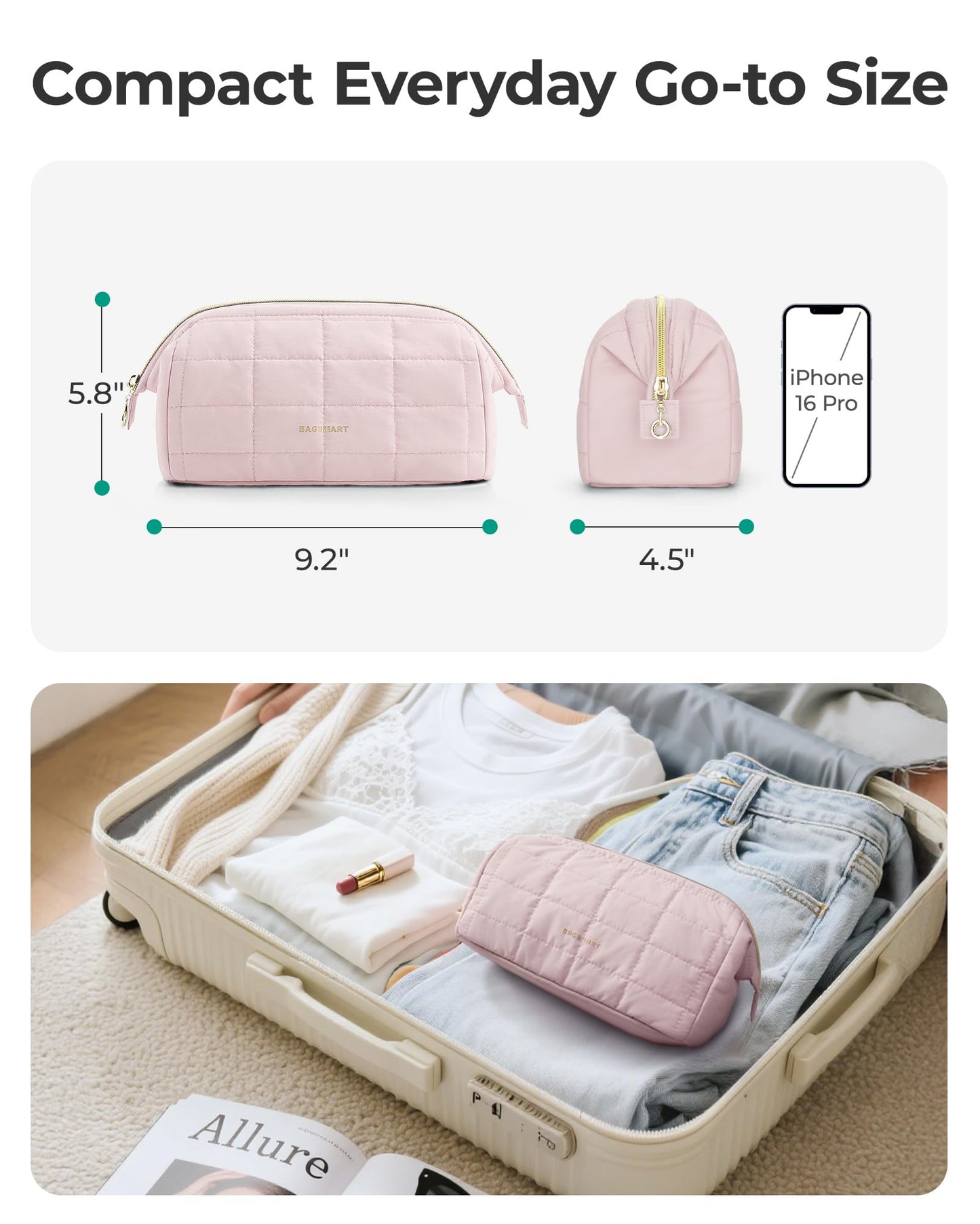 BAGSMART Makeup Bag Travel Toiletry Bag, Wide-open Zipper Pouch, Pink