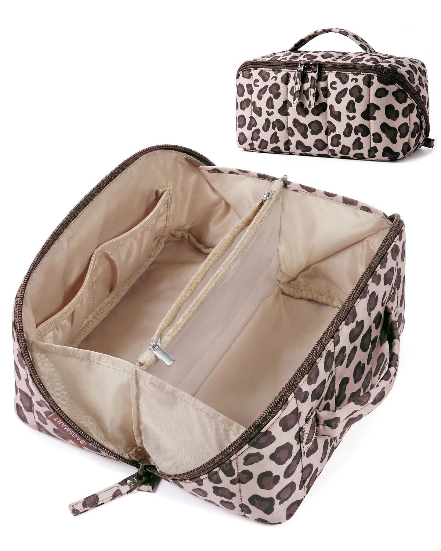 BAGSMART Puffy Open Flat Travel Makeup Bag Toiletry Bag for Women, Leopard