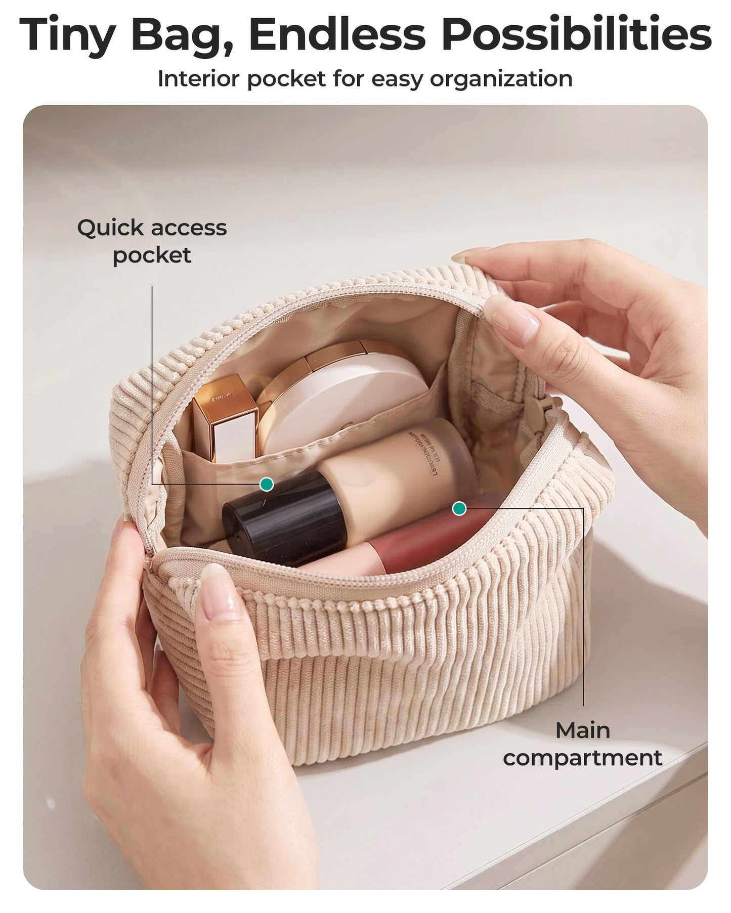 BAGSMART Small Corduroy Makeup Bag for Women, Cosmetic Pouch with Pocket