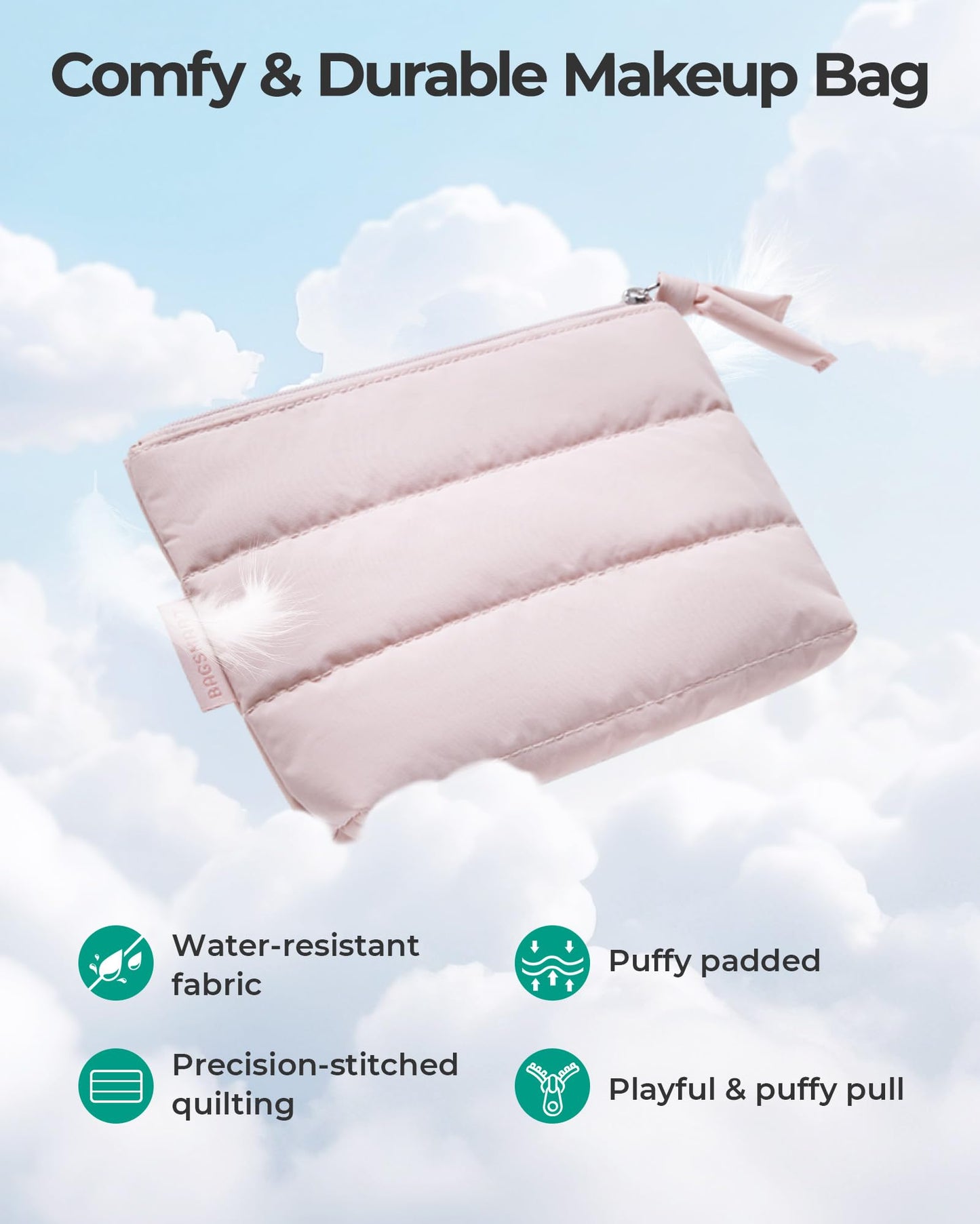 BAGSMART Small Makeup Bag, Machine Washable Puffy Cosmetic Pouch, Pink
