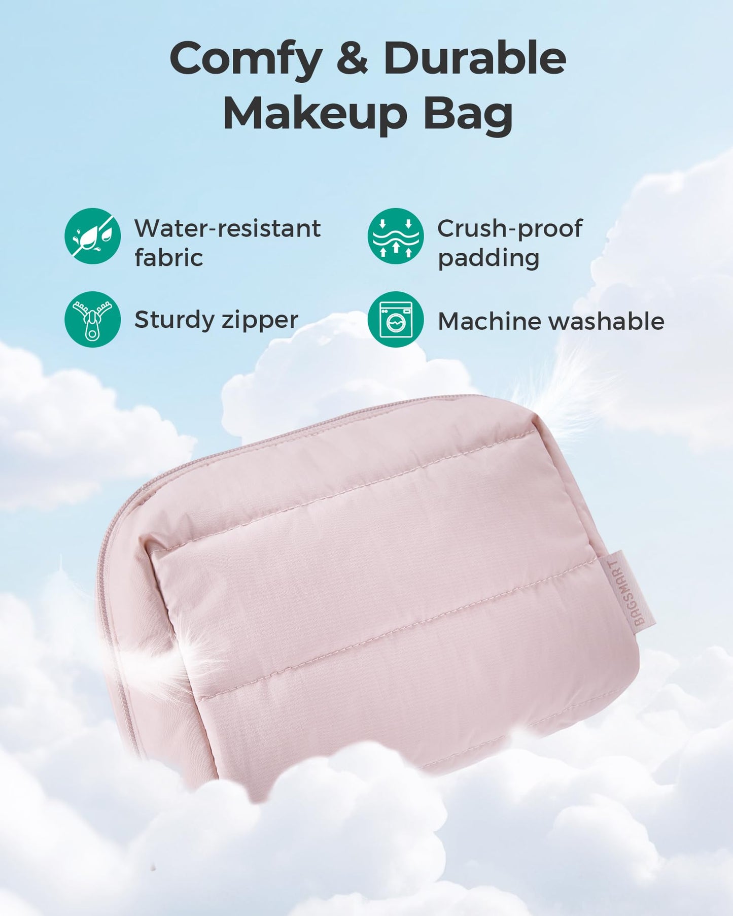 BAGSMART Small Makeup Bag, Puffy Wide-open Zipper Cosmetic Pouch, Pink